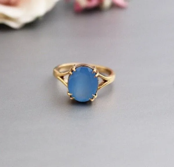 Natural Blue Chalcedony 925 Sterling Silver Gold Plated Ring