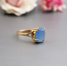 Natural Blue Chalcedony 925 Sterling Silver Gold Plated Ring