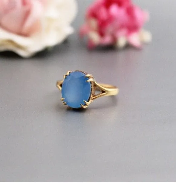 Natural Blue Chalcedony 925 Sterling Silver Gold Plated Ring