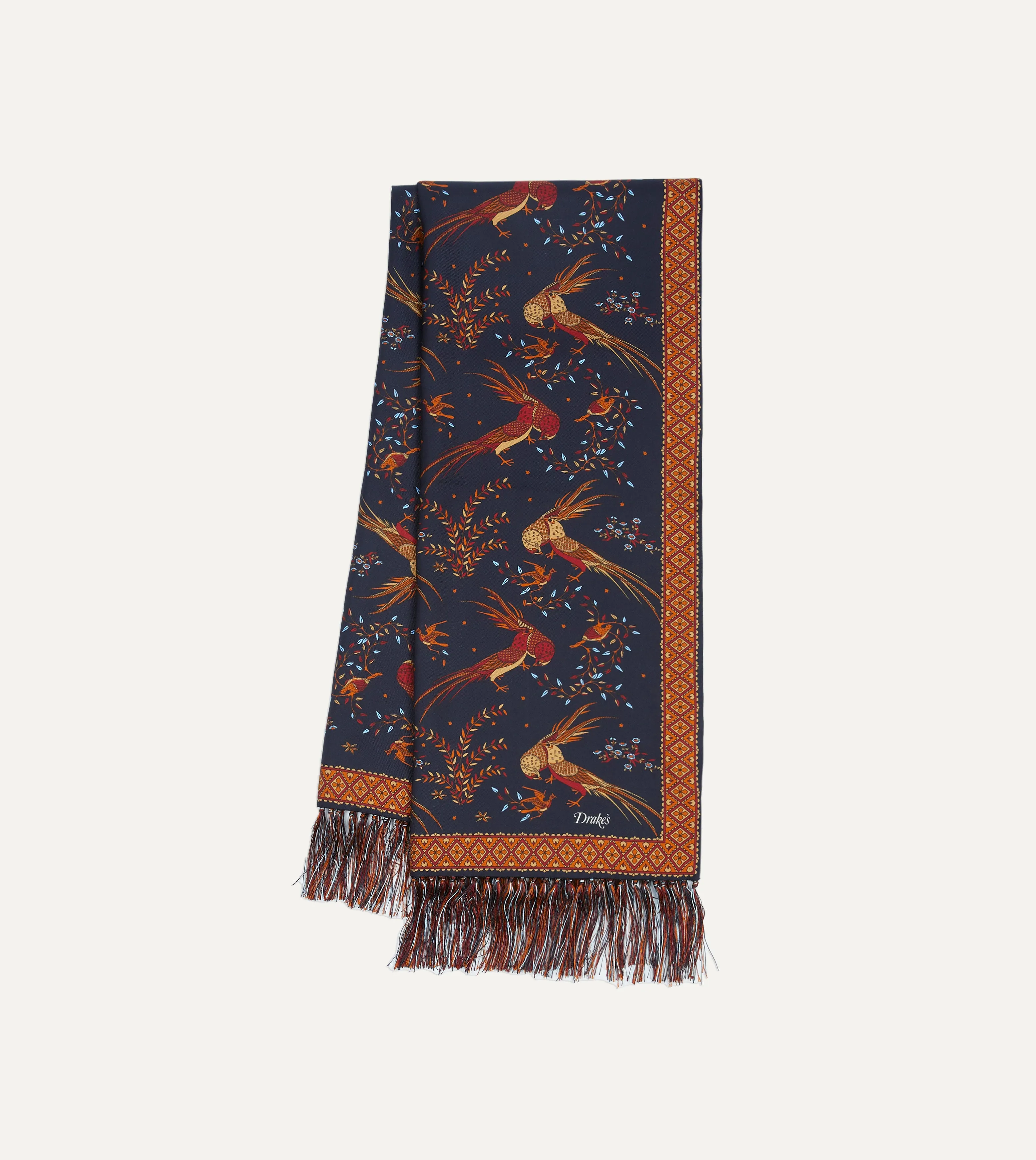 Navy Birds of Paradise Print Tubular Silk Tasselled Scarf