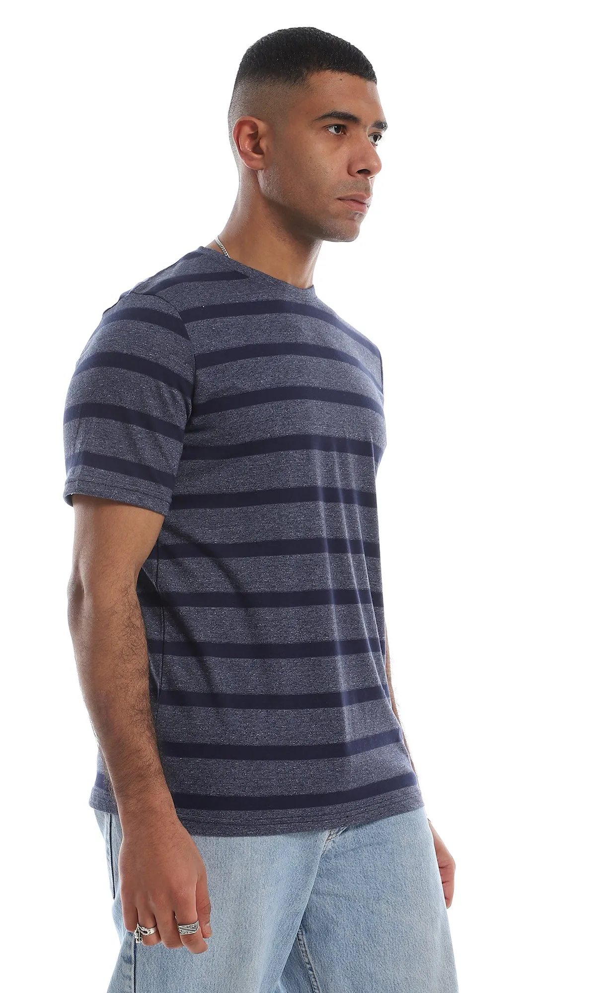 O164003 Round Neck Striped Short Sleeves Navy Blue T-Shirt