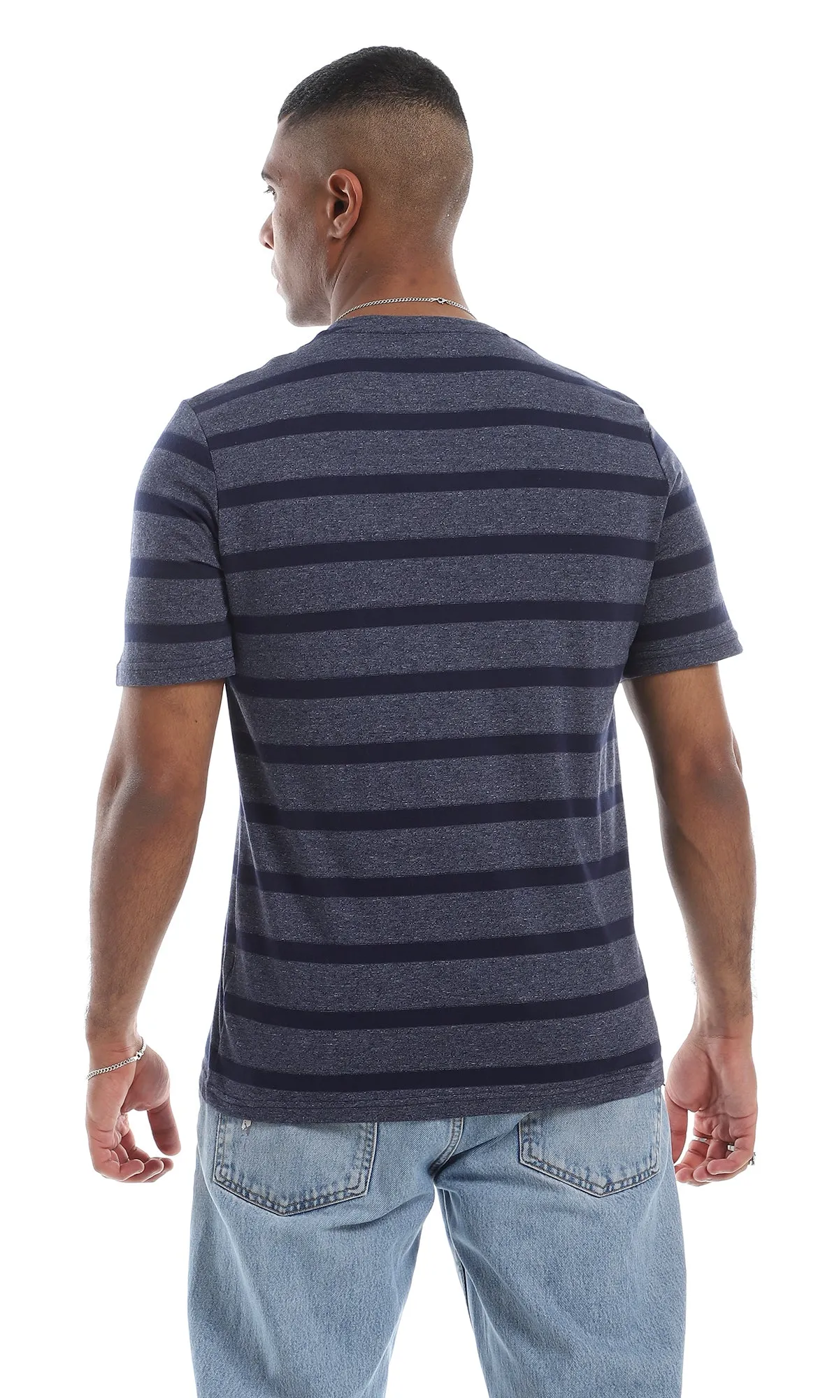 O164003 Round Neck Striped Short Sleeves Navy Blue T-Shirt