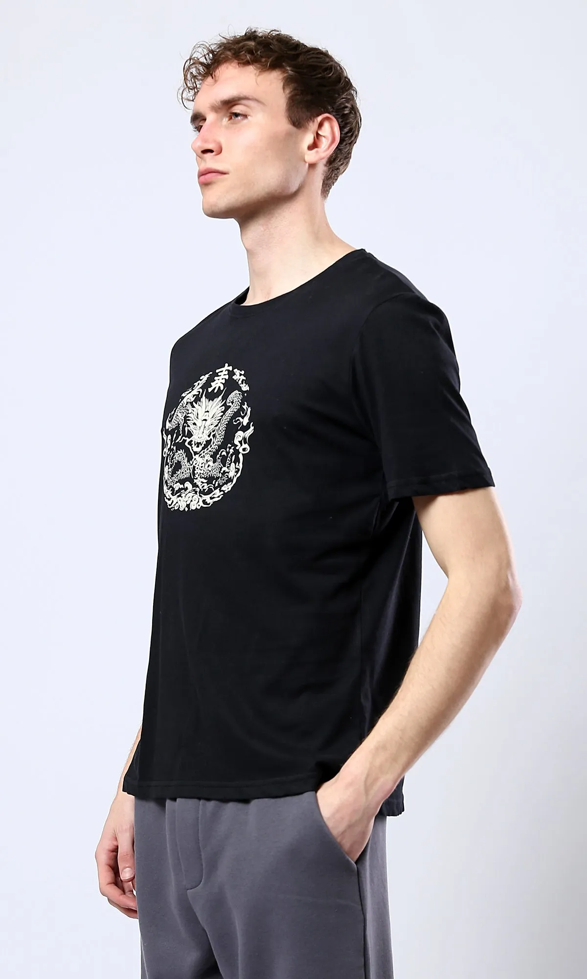 O178957 Casual Printed Regular Fit Black Tee