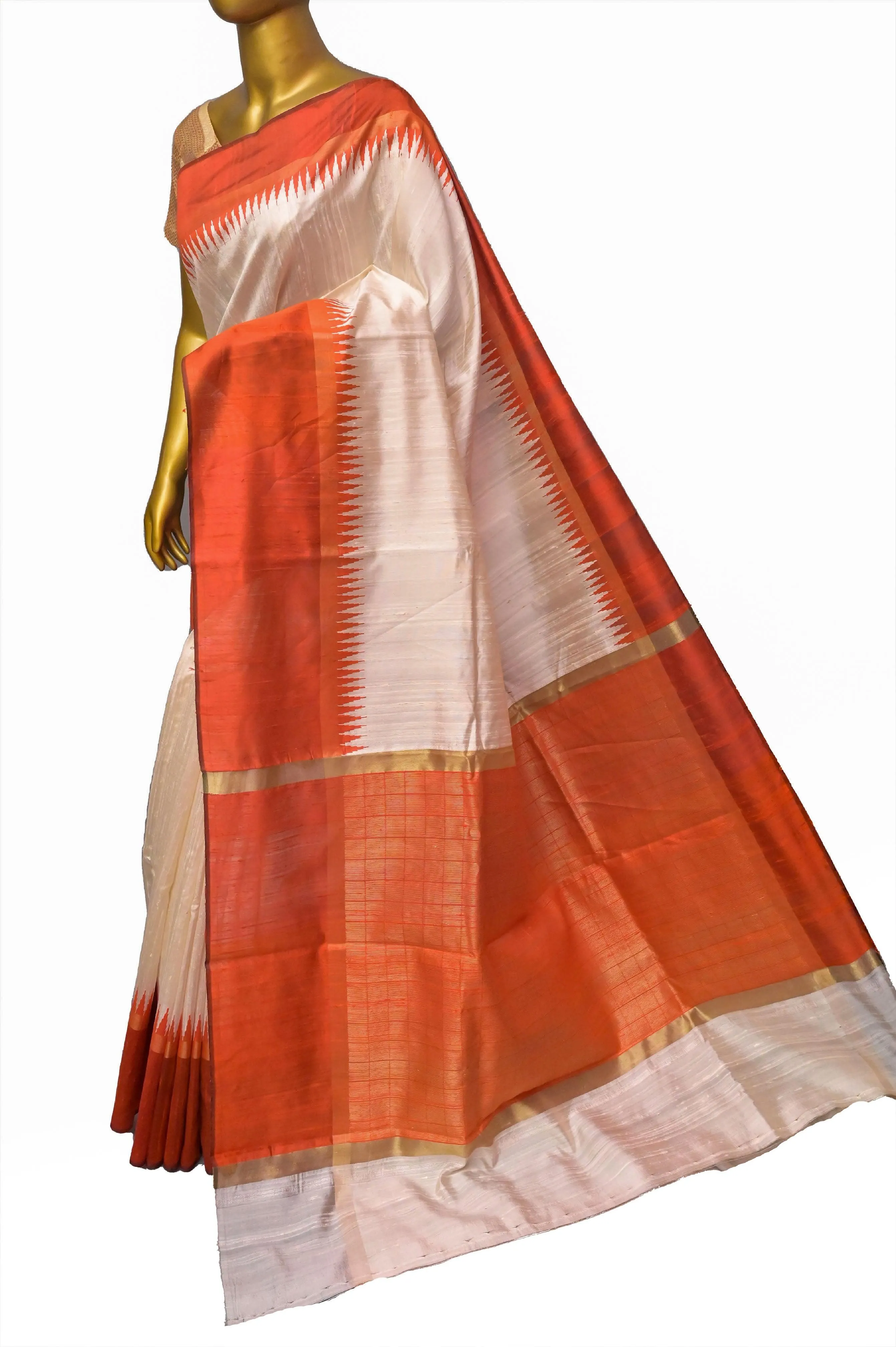 Offwhite and Orange Color Raw Silk Saree with Temple Border