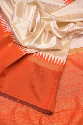 Offwhite and Orange Color Raw Silk Saree with Temple Border