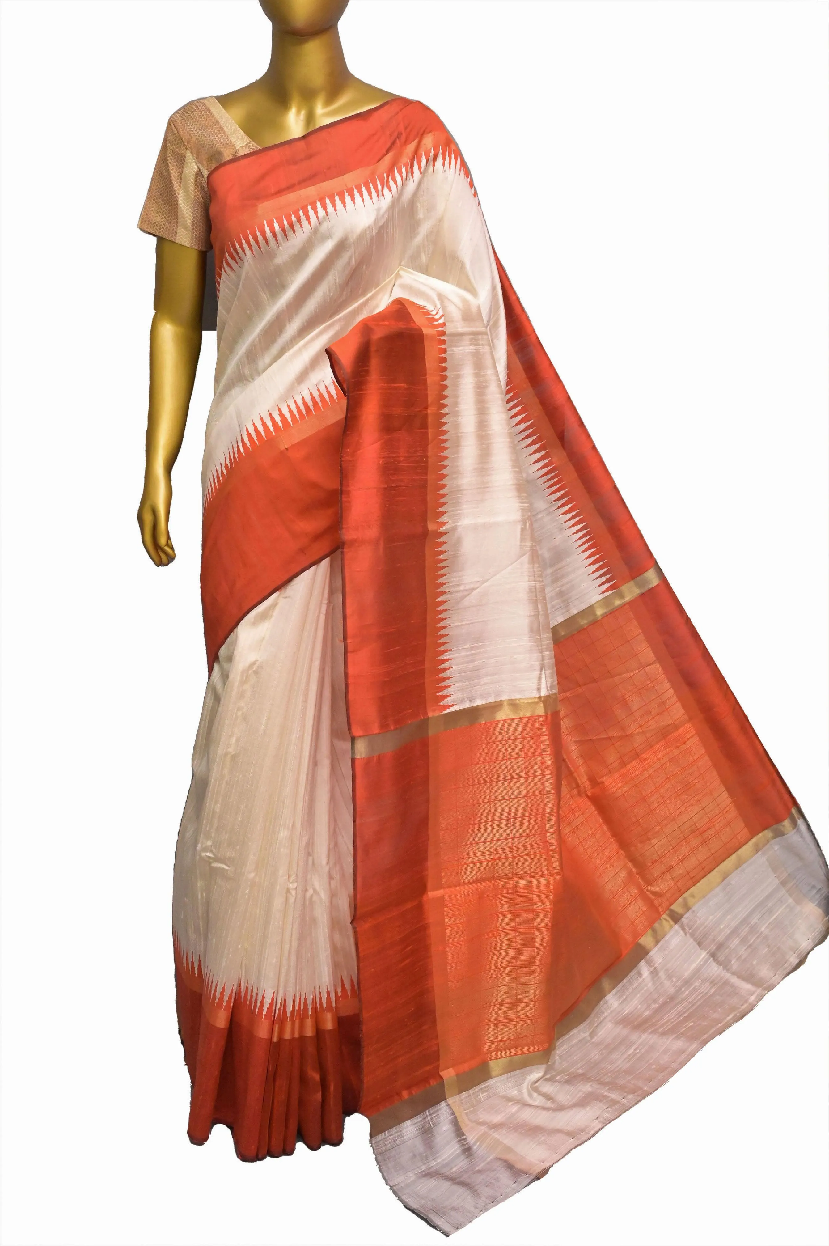 Offwhite and Orange Color Raw Silk Saree with Temple Border