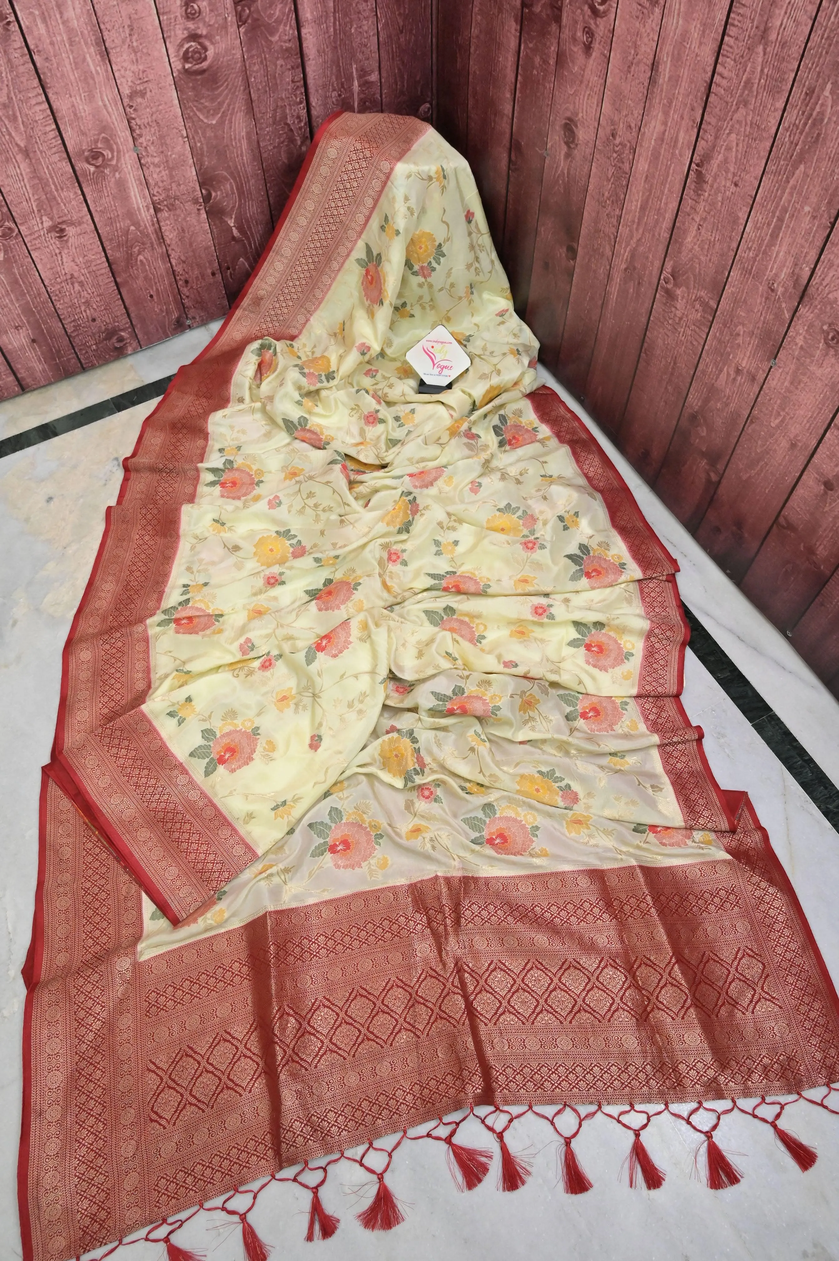 Offwhite and Red Color Muga Banarasi Silk Saree with Allover Jaal Zari Work