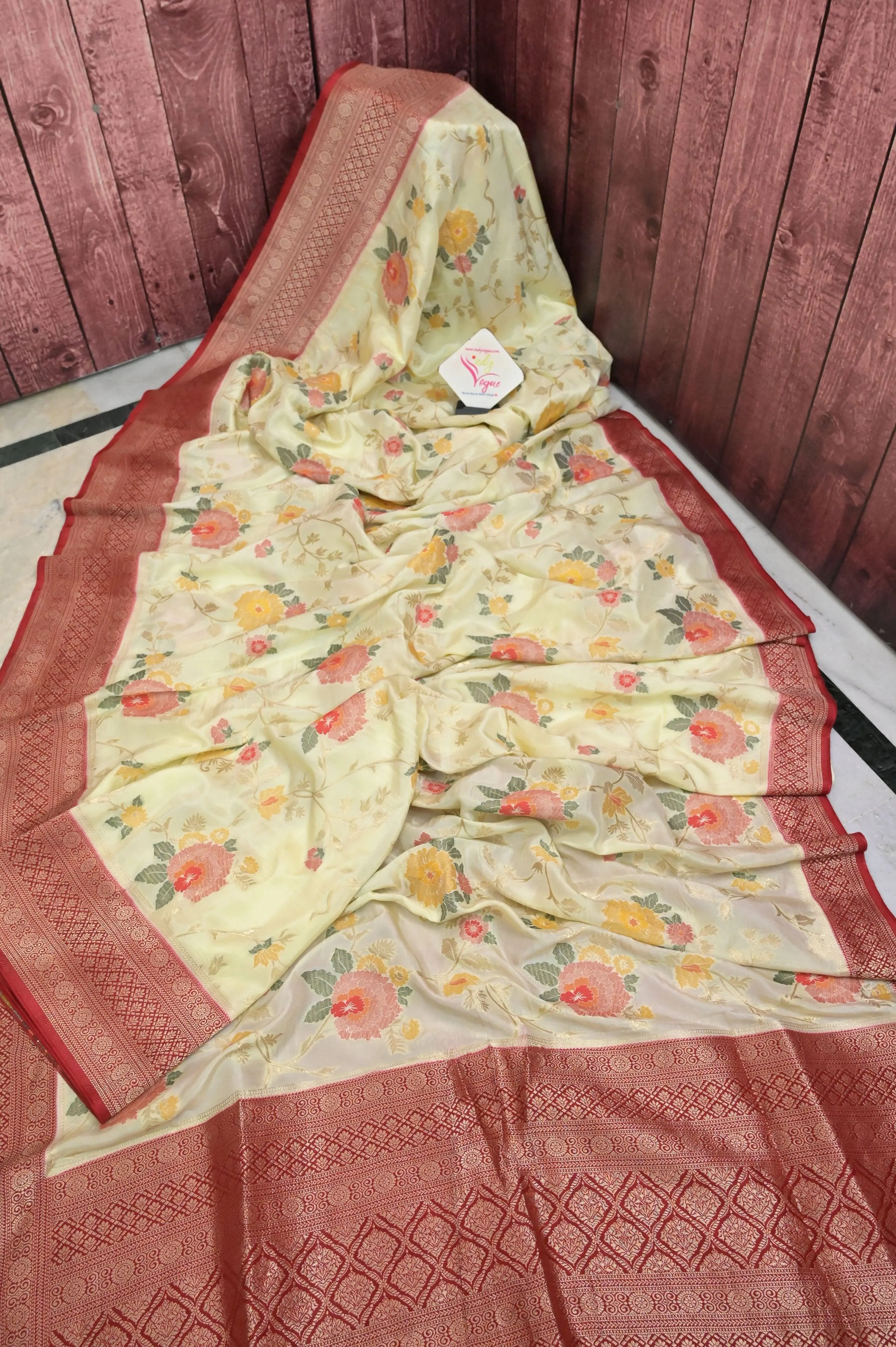 Offwhite and Red Color Muga Banarasi Silk Saree with Allover Jaal Zari Work