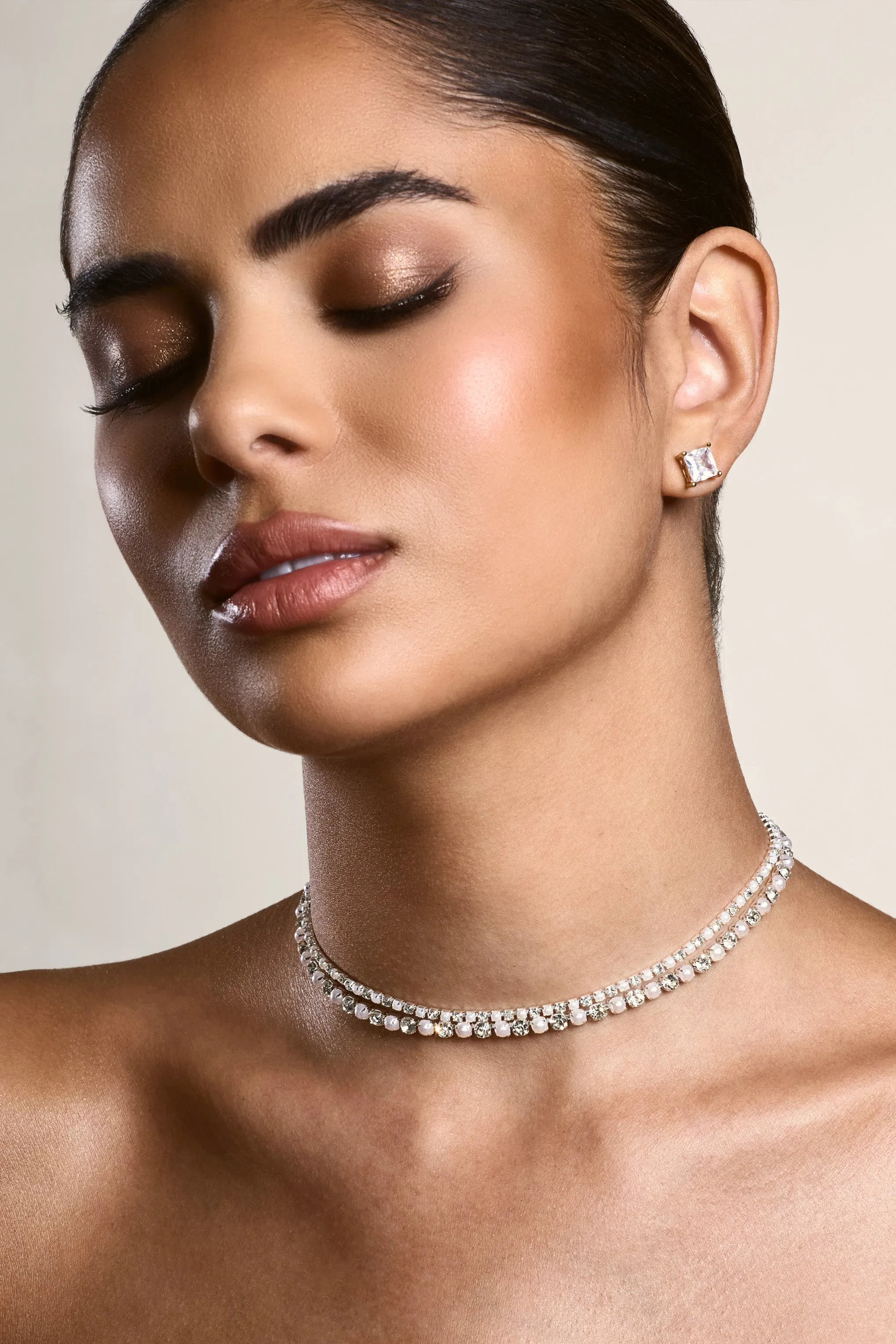 Opalia | Silver Diamante Pearl Layered Necklance