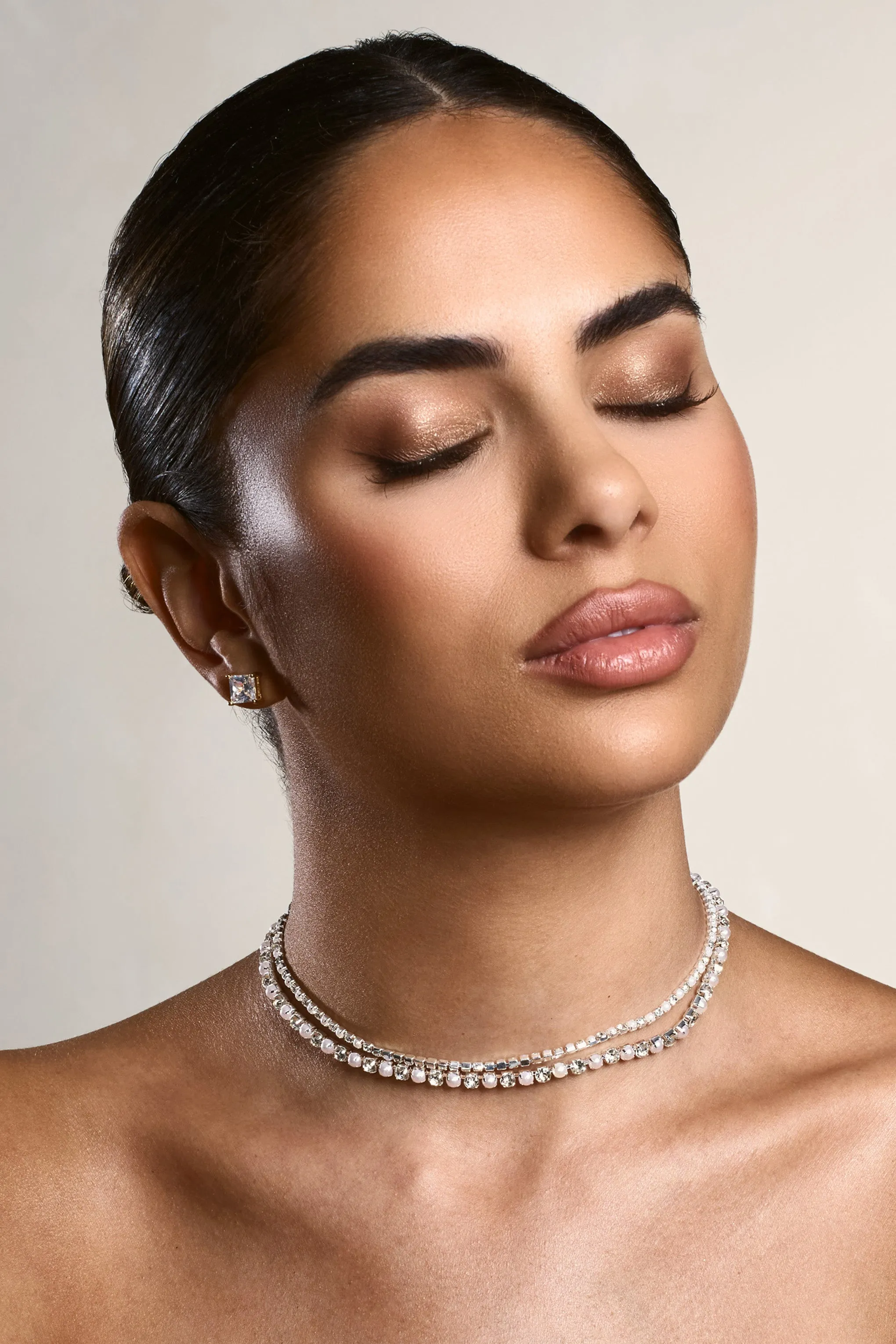 Opalia | Silver Diamante Pearl Layered Necklance