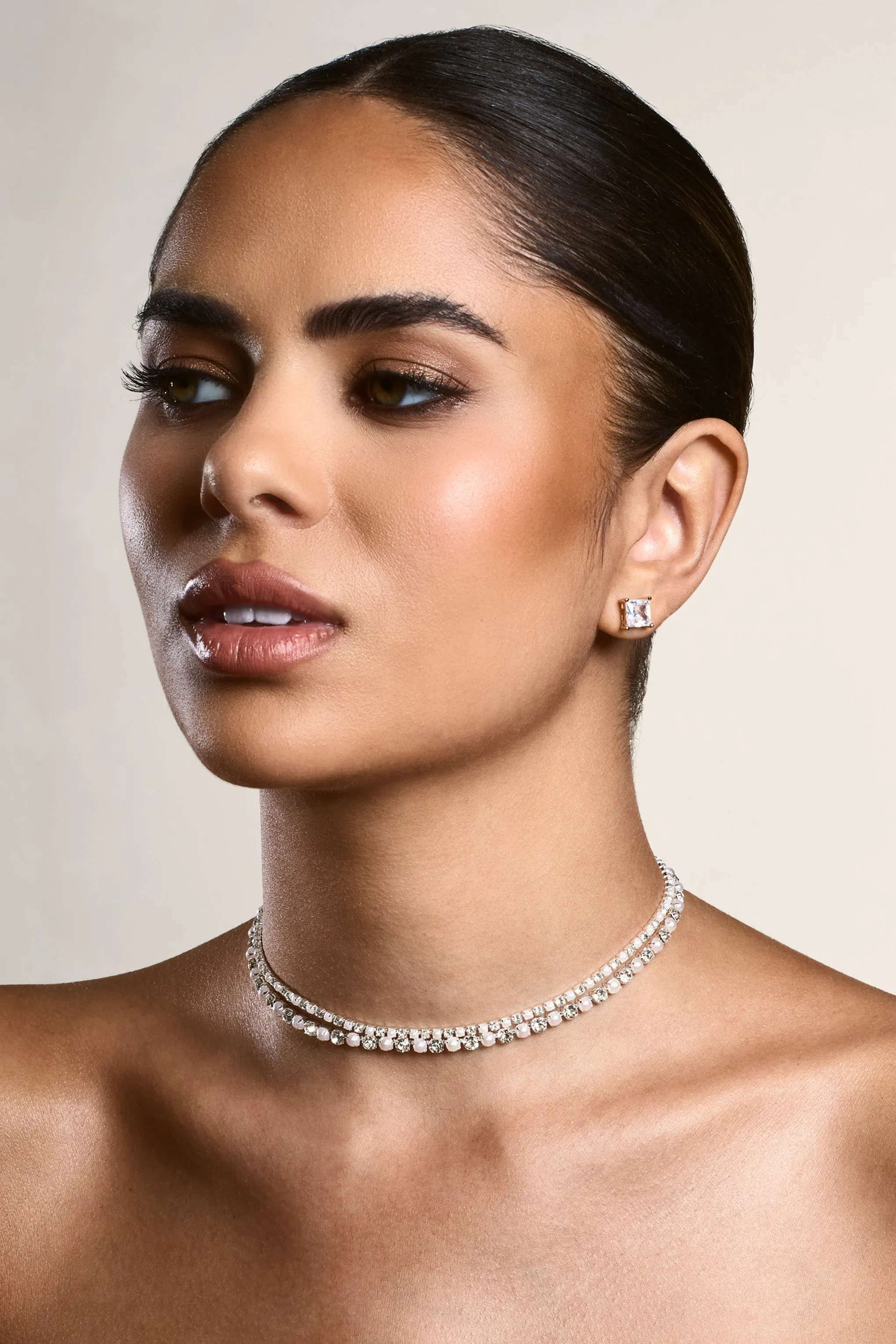 Opalia | Silver Diamante Pearl Layered Necklance