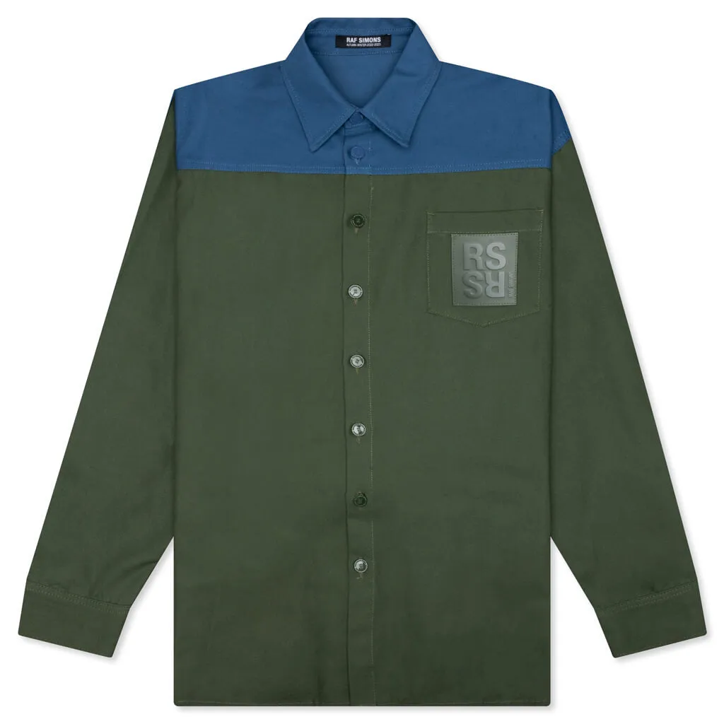 Oversized Bicolor R Pin Denim Shirt - Khaki Blue