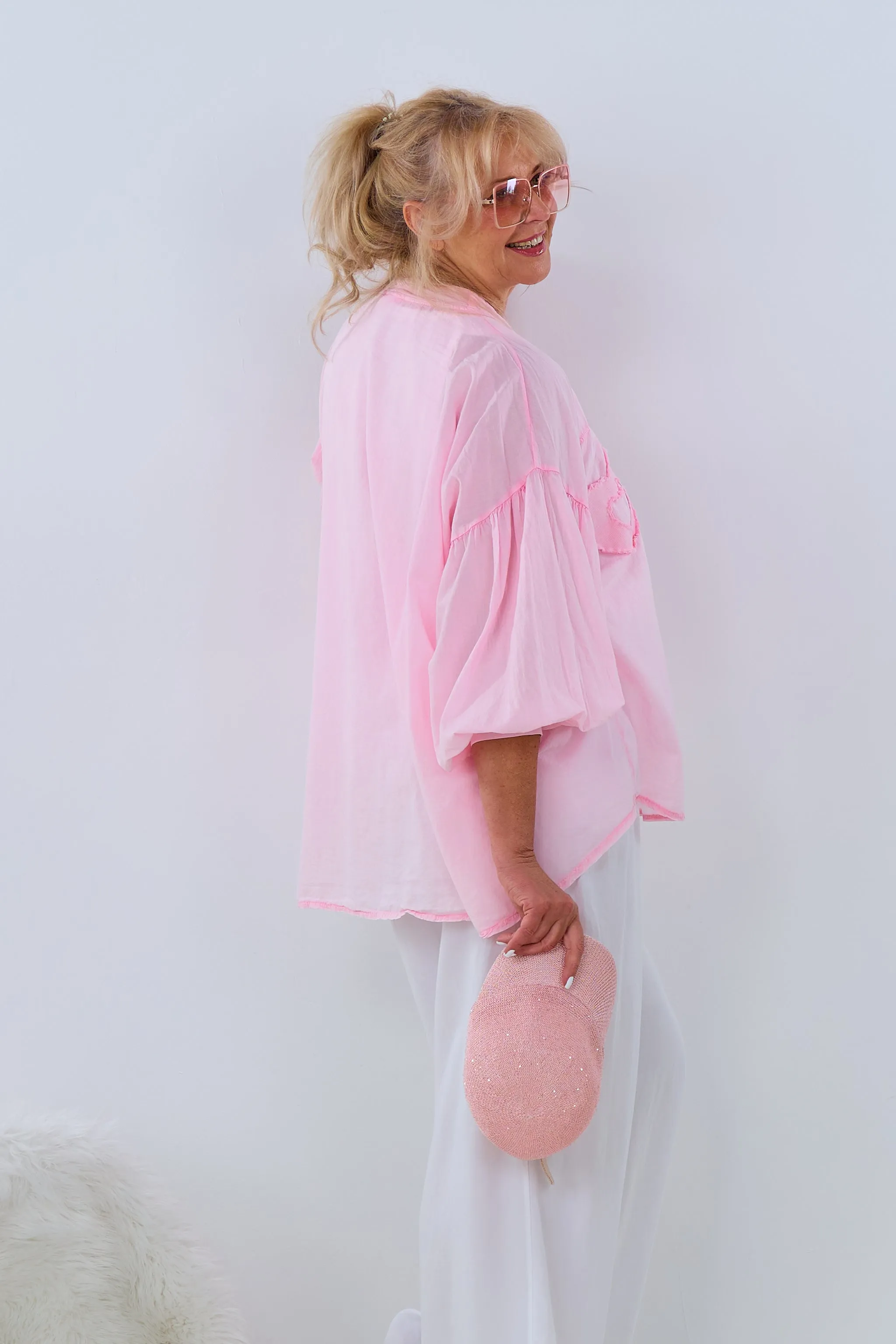 Oversized Bluse mit Herz-Patches, rosa