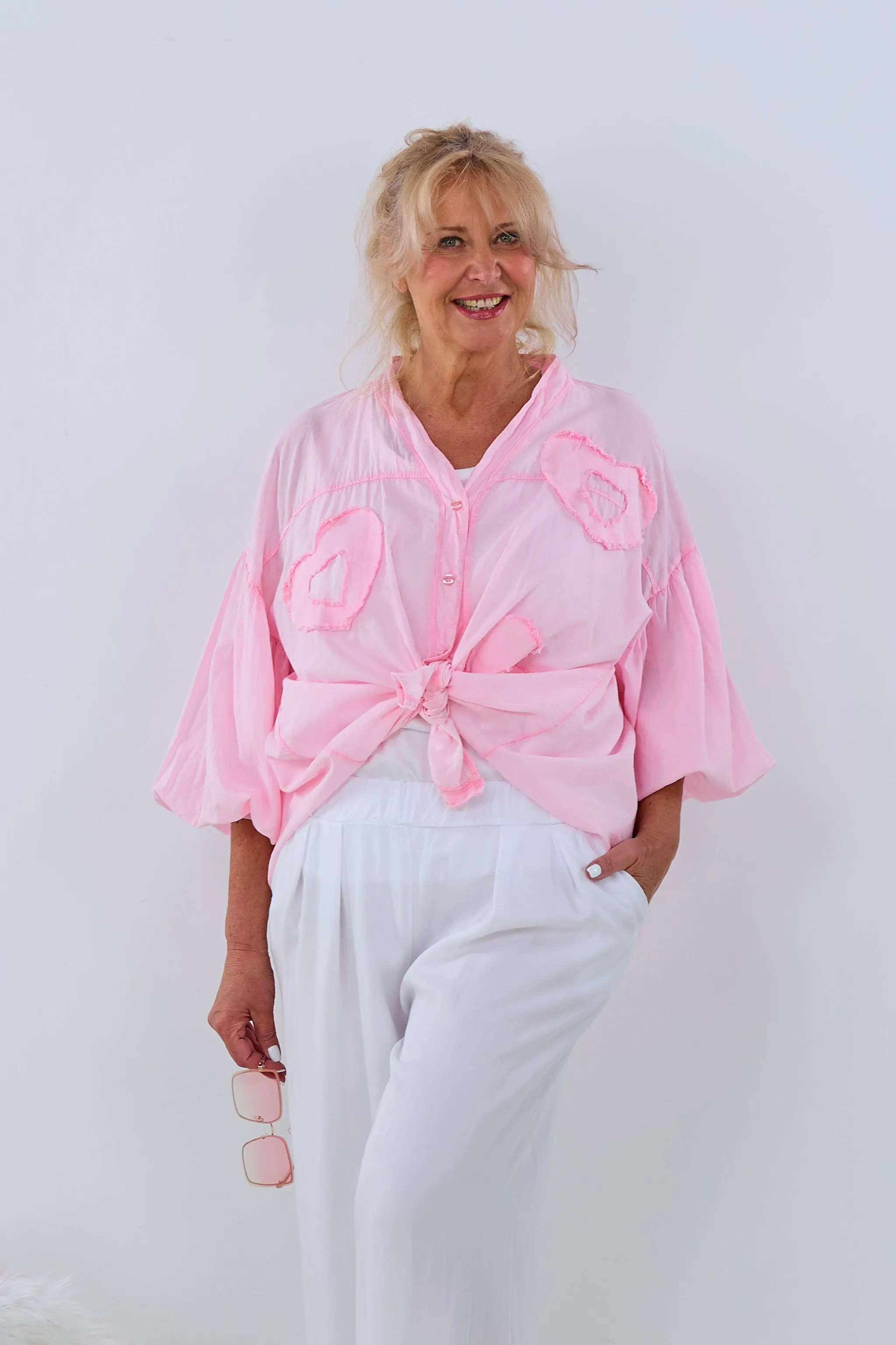 Oversized Bluse mit Herz-Patches, rosa