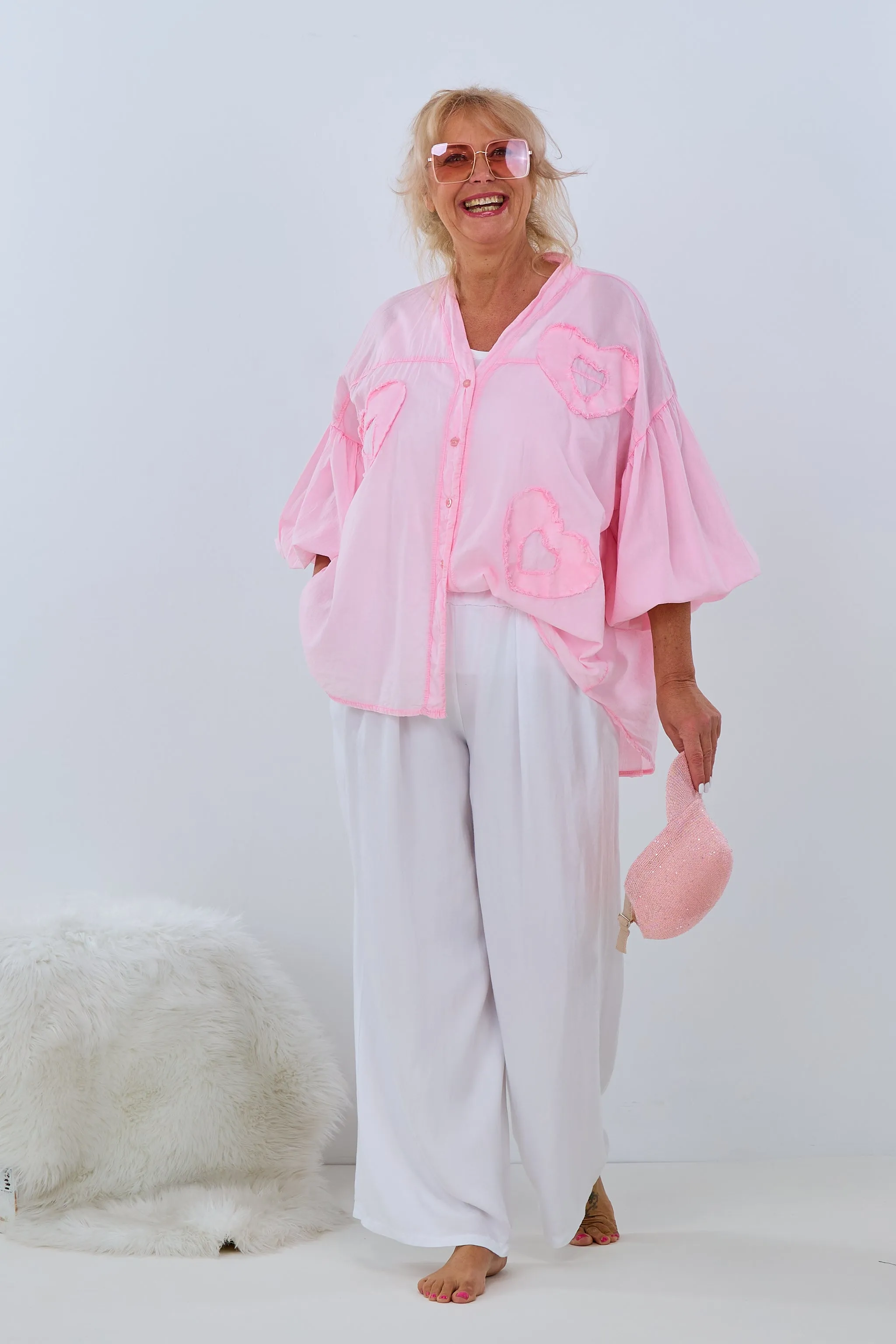 Oversized Bluse mit Herz-Patches, rosa