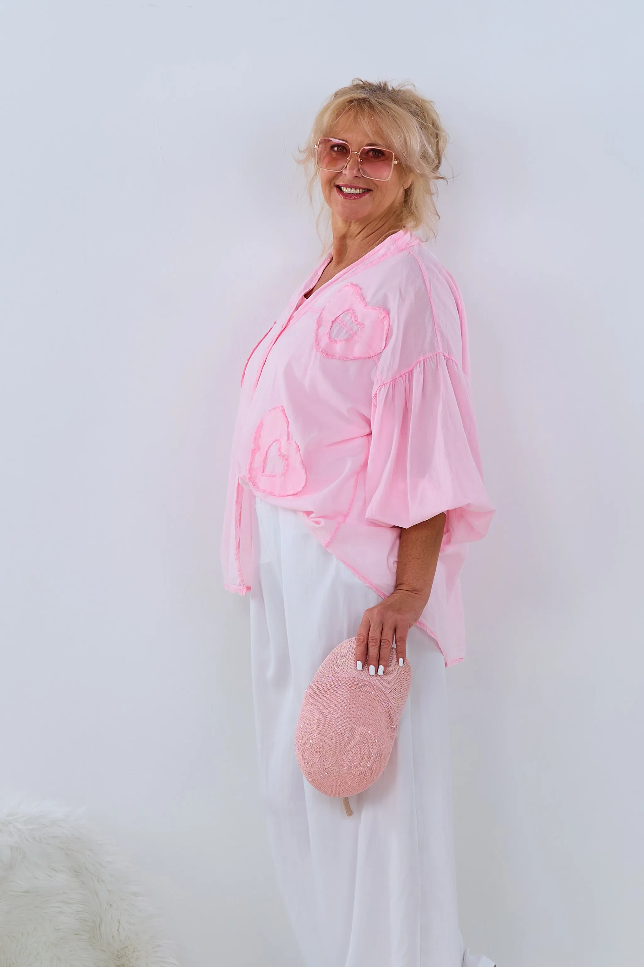 Oversized Bluse mit Herz-Patches, rosa