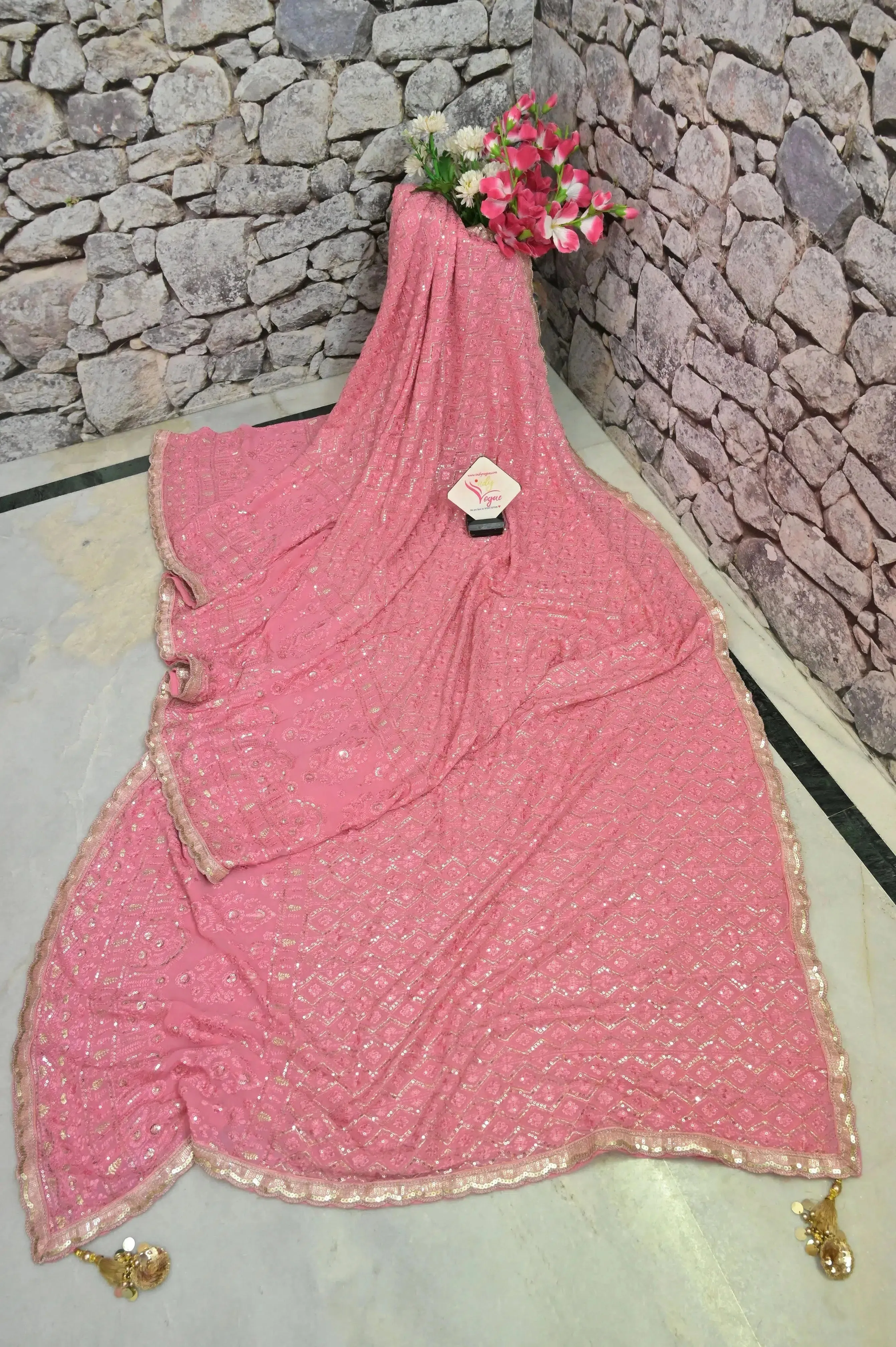 Pink Color Pure Georgette with Allover Chikankari and Sequin Embroidery