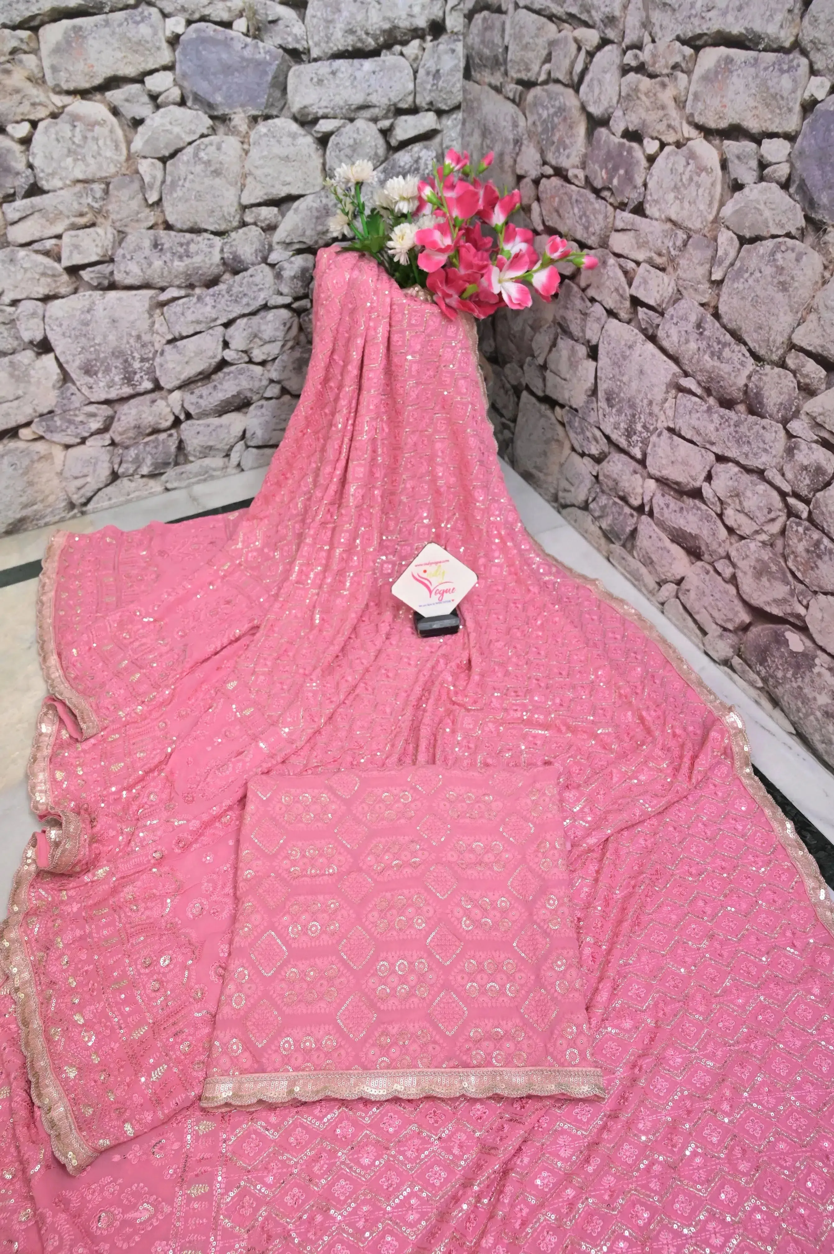 Pink Color Pure Georgette with Allover Chikankari and Sequin Embroidery