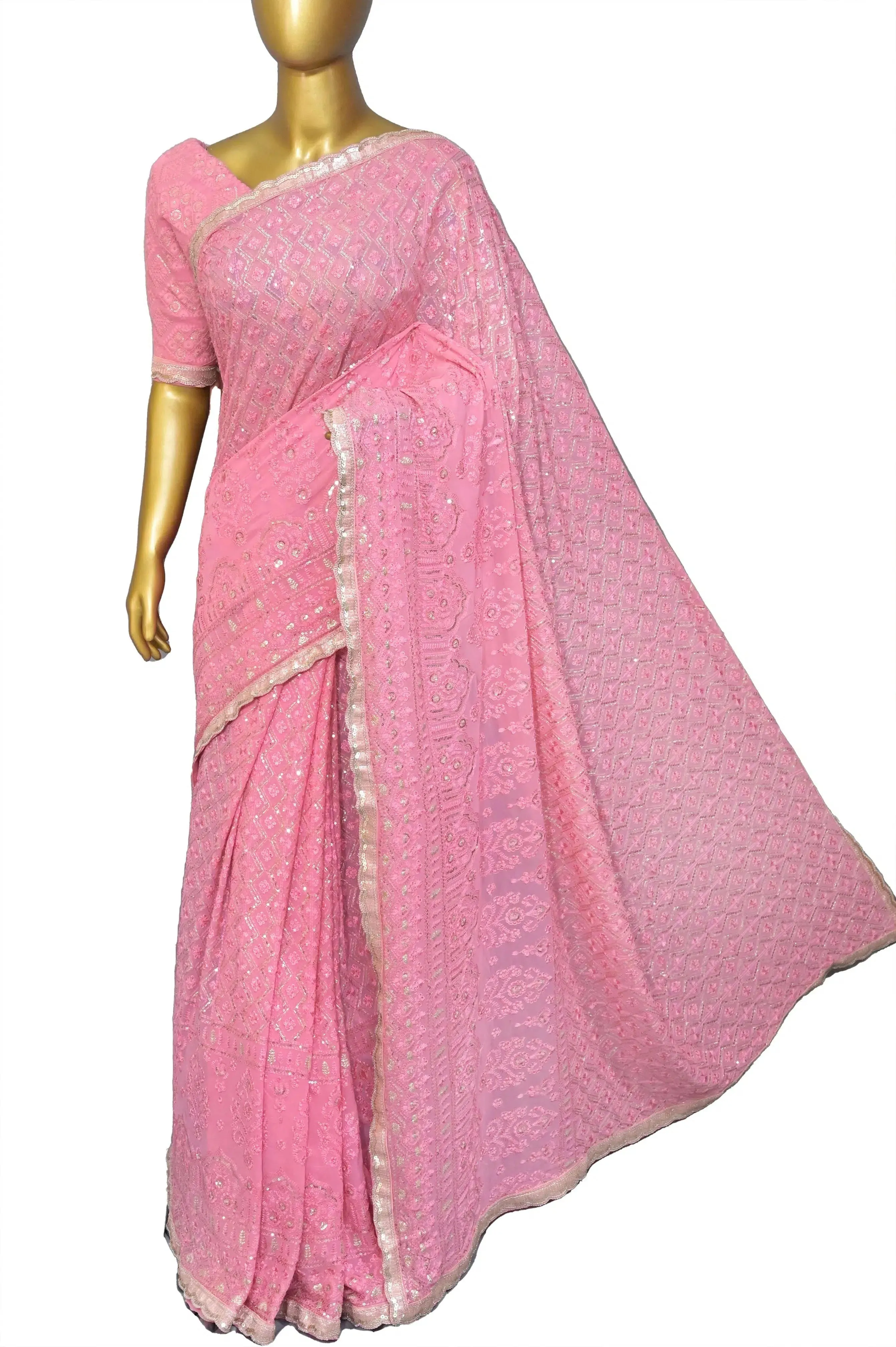 Pink Color Pure Georgette with Allover Chikankari and Sequin Embroidery