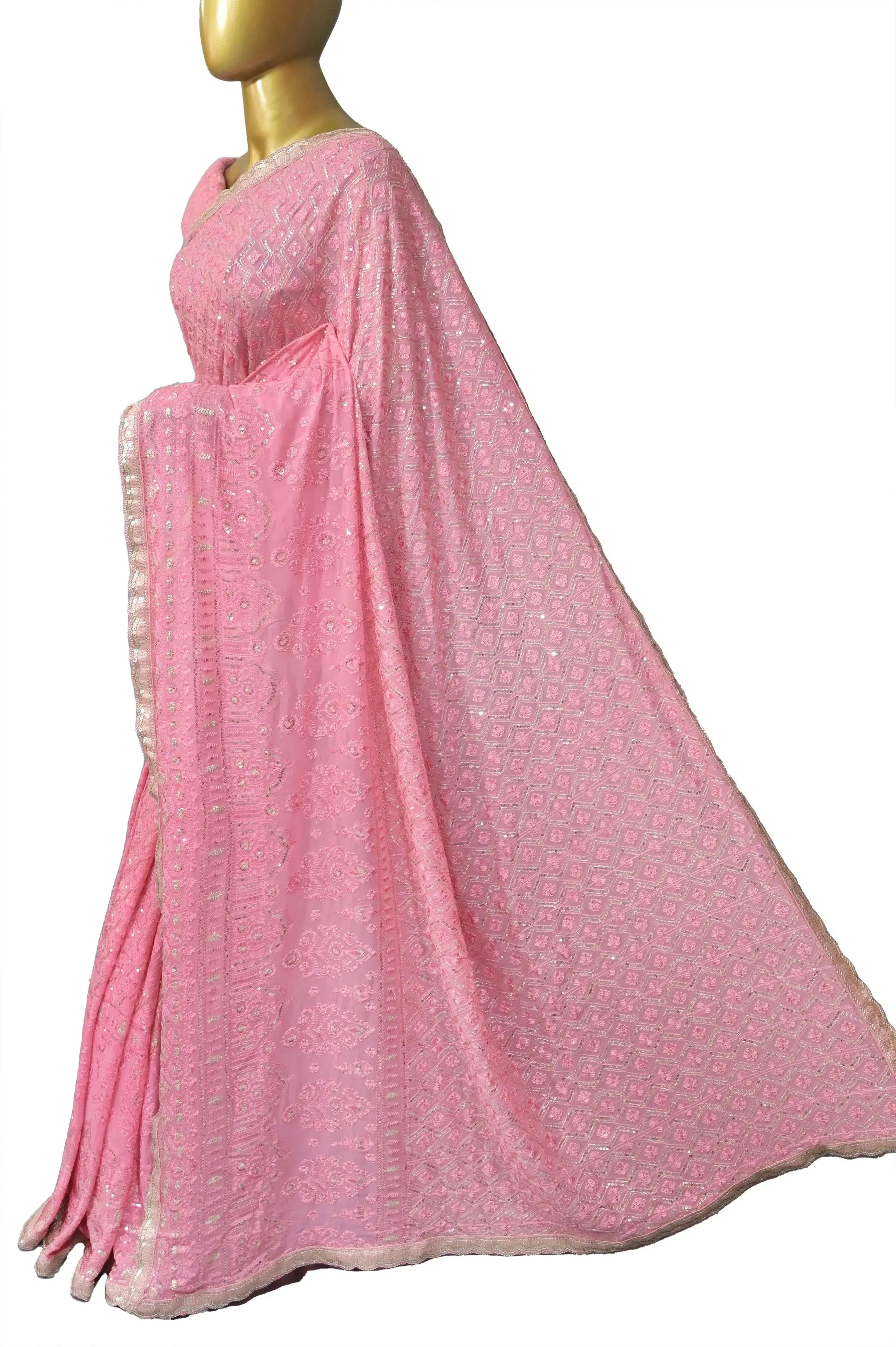 Pink Color Pure Georgette with Allover Chikankari and Sequin Embroidery