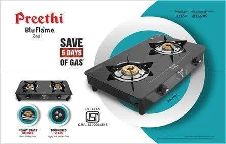 Preethi Zeal Glass 2 Burner Gas Stove (ISI Approved)