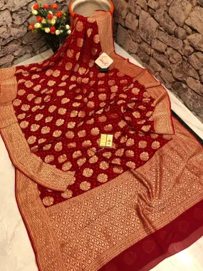 Red Color Khaddi Georgette Banarasi Saree with Hand Bandhani Work