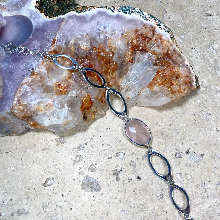 Rose Quartz Oval Checker Cut Bracelet - Peony