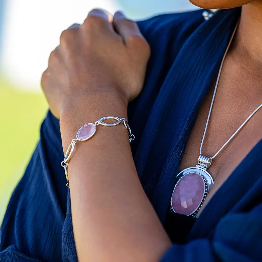 Rose Quartz Oval Checker Cut Bracelet - Peony