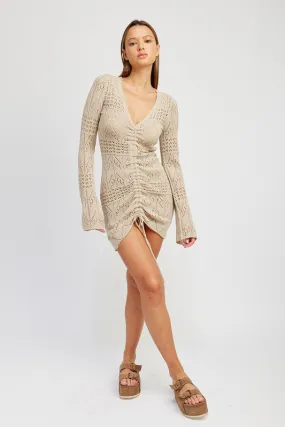 RUCHED CROCHET MINI DRESS