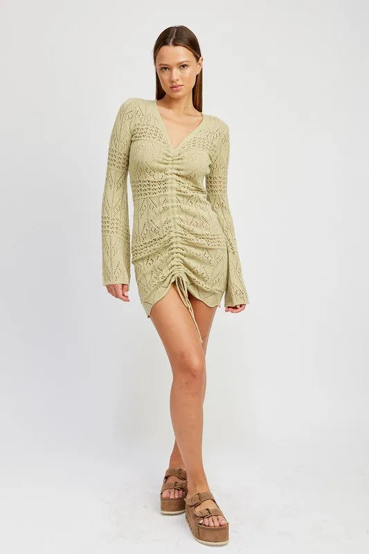 RUCHED CROCHET MINI DRESS