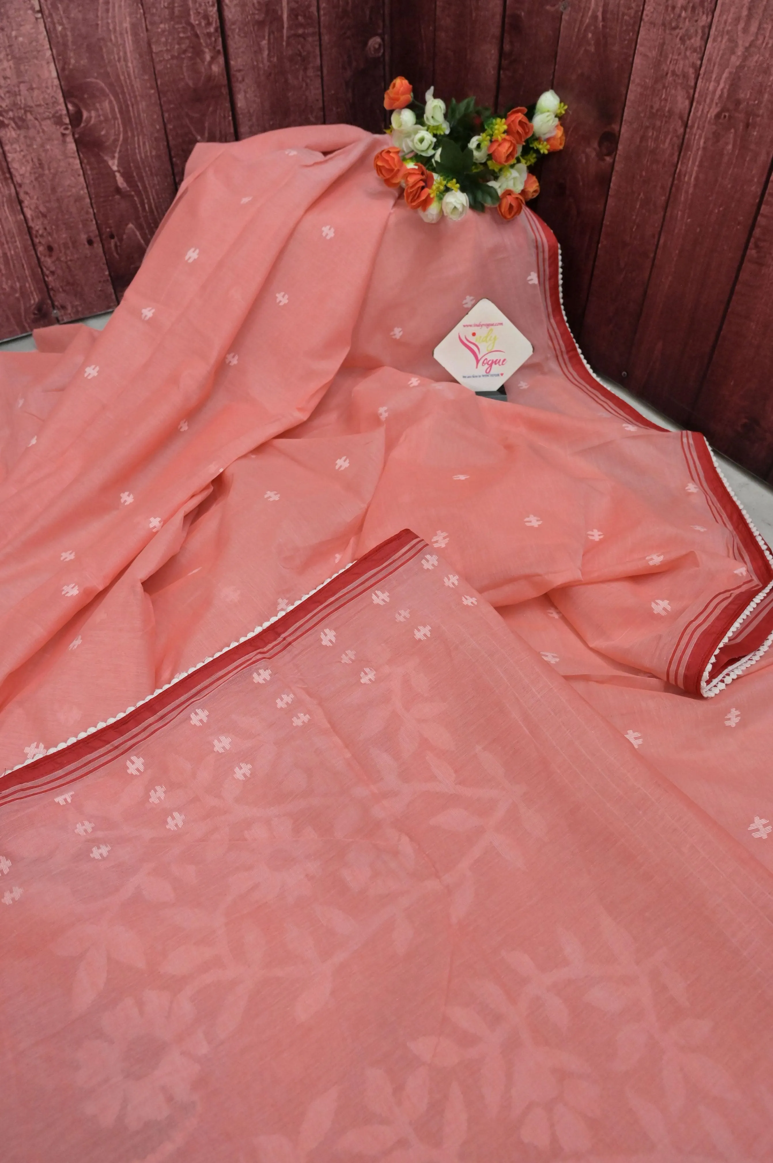 Salmon Color Jamdani Saree with Piping and Lace Work