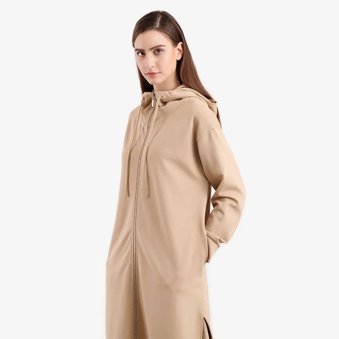 Solid Side Slits Long Hooded Jacket