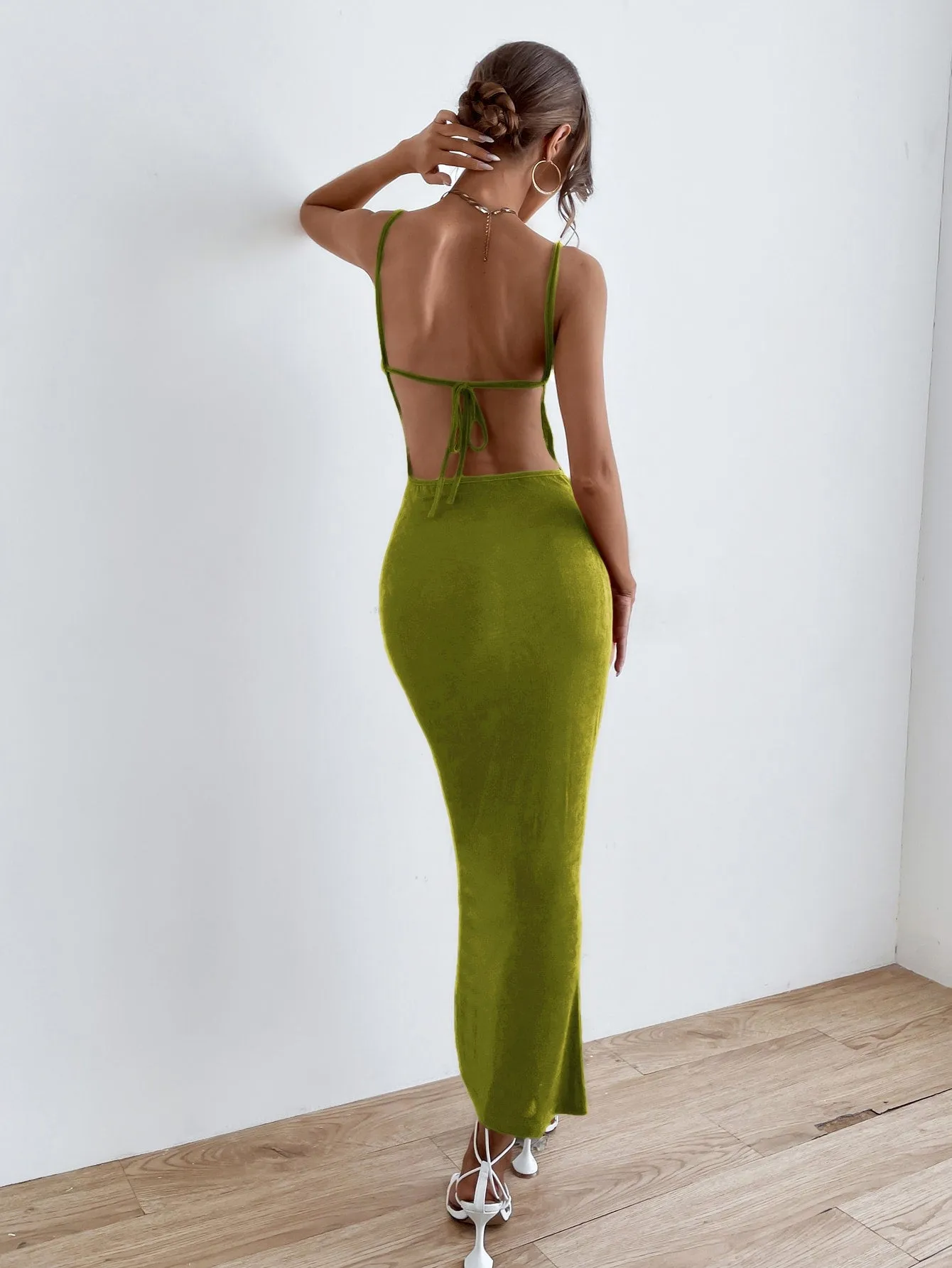 Solid Tie Backless Ruched Dress