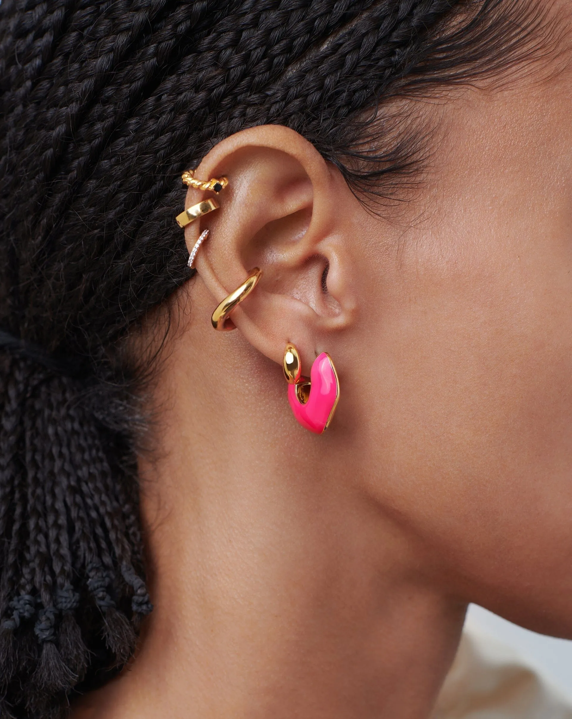 Squiggle Chubby Two Tone Enamel Hoop Earrings | 18ct Gold Plated, Hot Pink