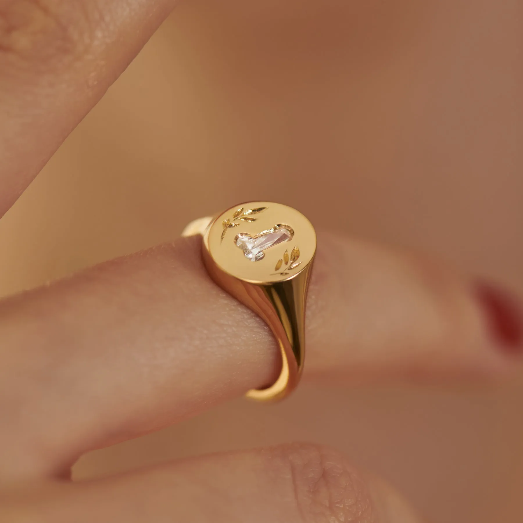 Statement Signet Ring with a F.U. Diamond and Hand Engraving