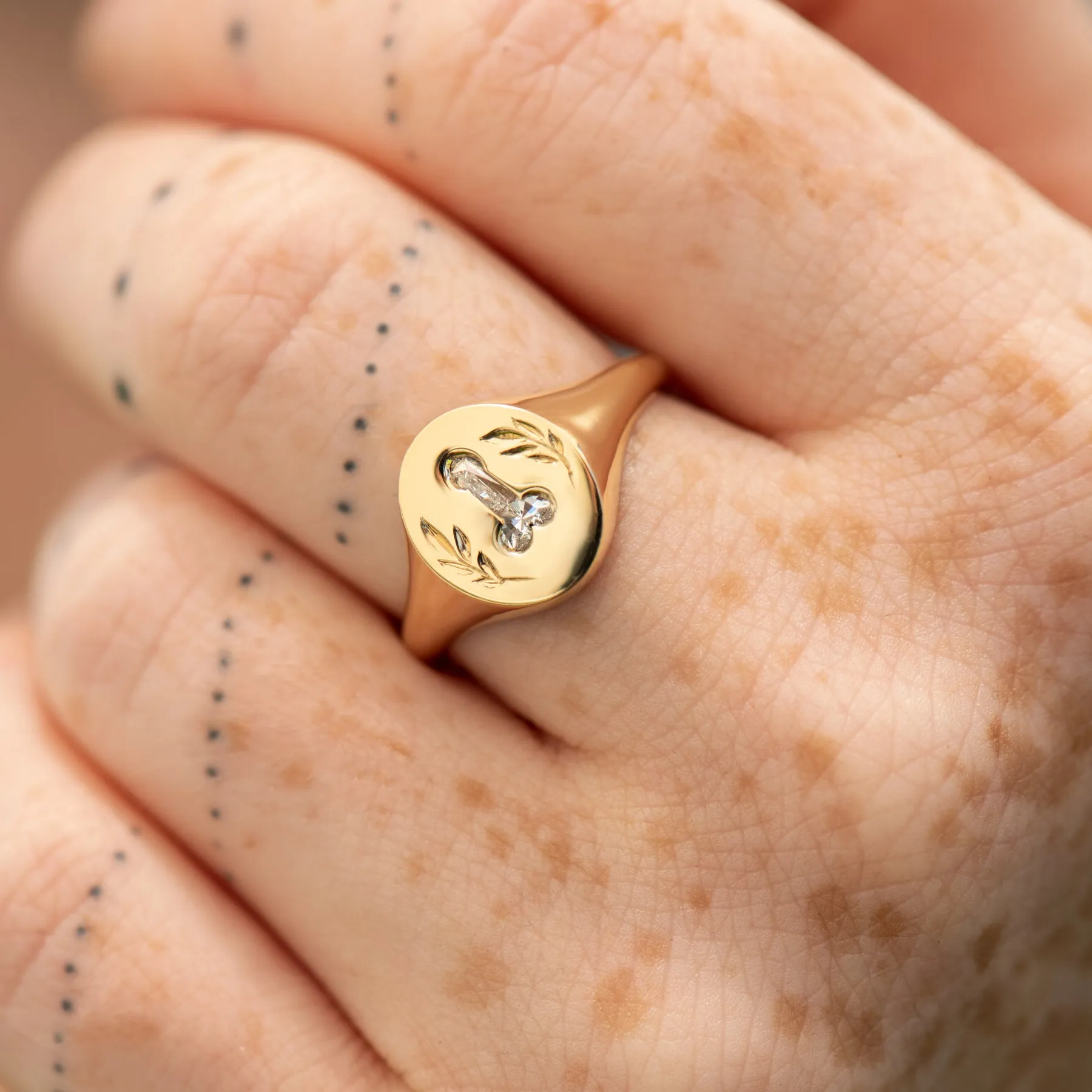 Statement Signet Ring with a F.U. Diamond and Hand Engraving