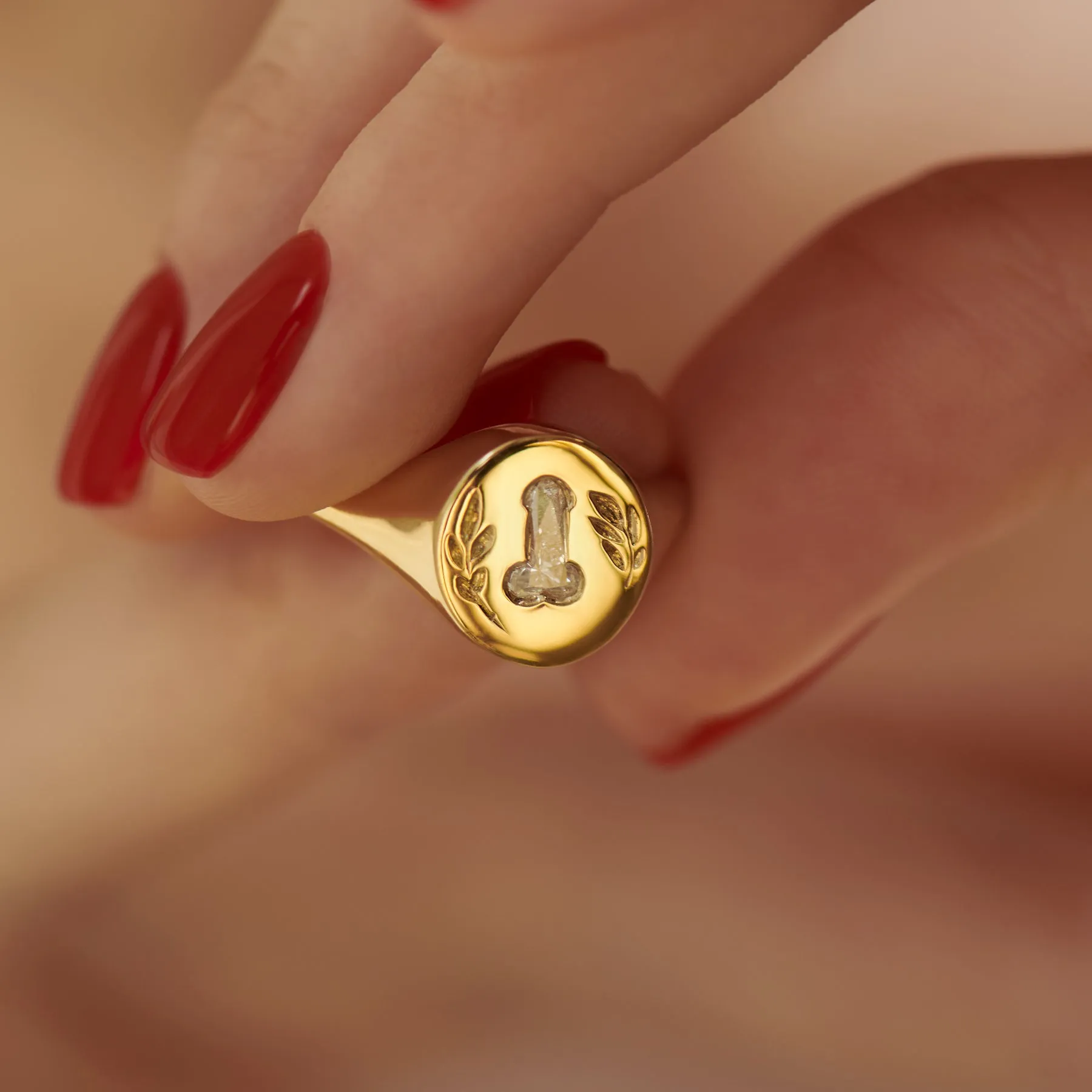 Statement Signet Ring with a F.U. Diamond and Hand Engraving