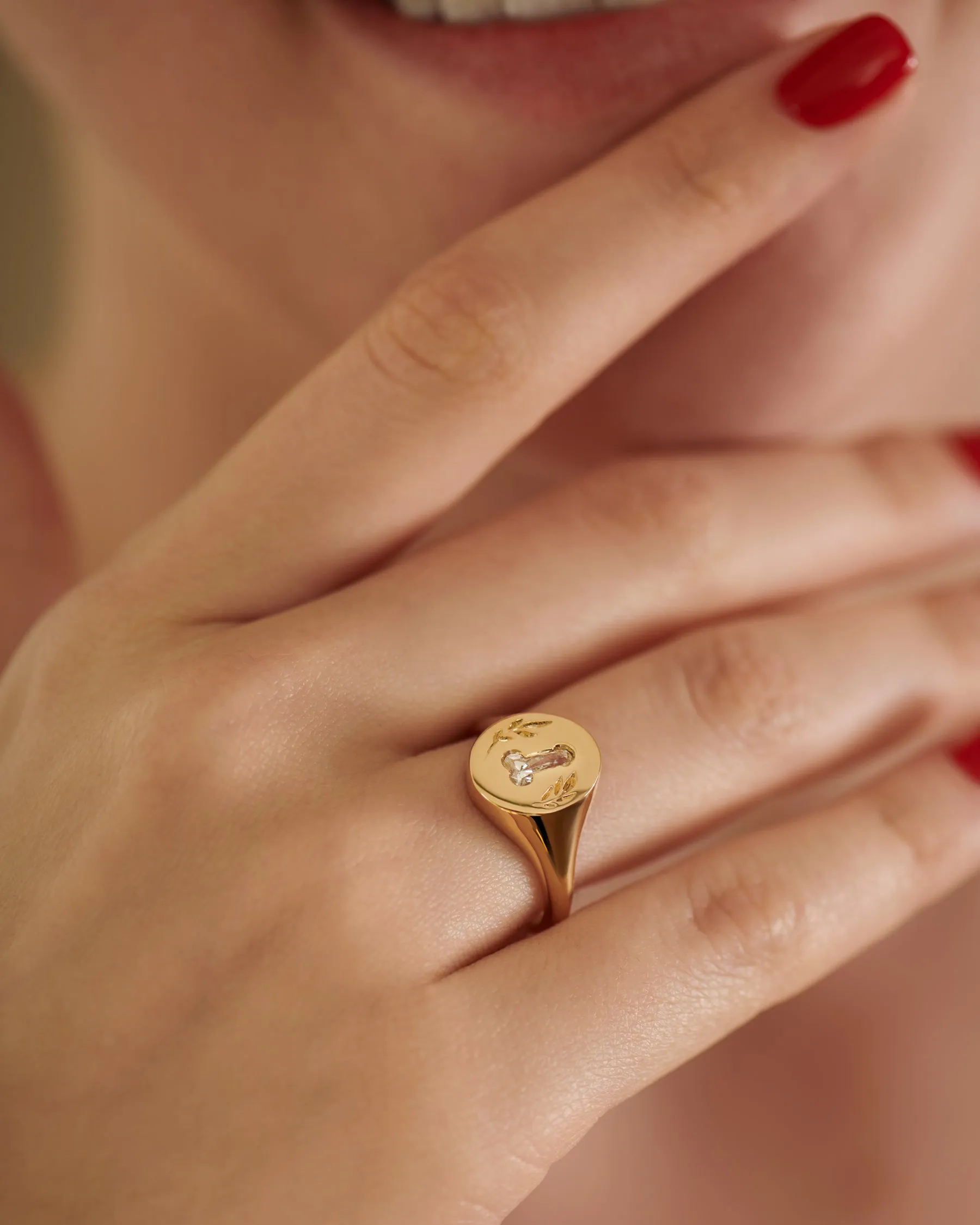 Statement Signet Ring with a F.U. Diamond and Hand Engraving