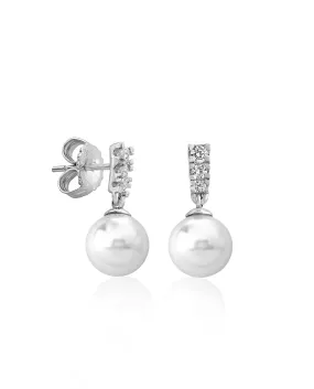 Sterling Silver Rhodium Plated Short Earrings, for Women with Post and Organic Pearl, 8mm Round White Pearl and Zircon, Lilit Collection