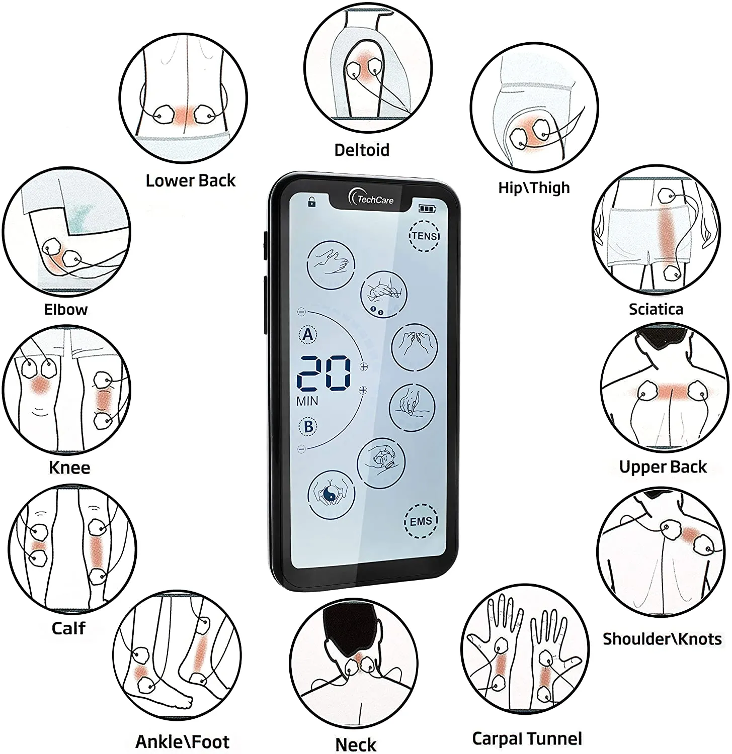 Techcare Touch X Tens Unit Muscle Stimulator Combo Set With Massager Belt Attachment