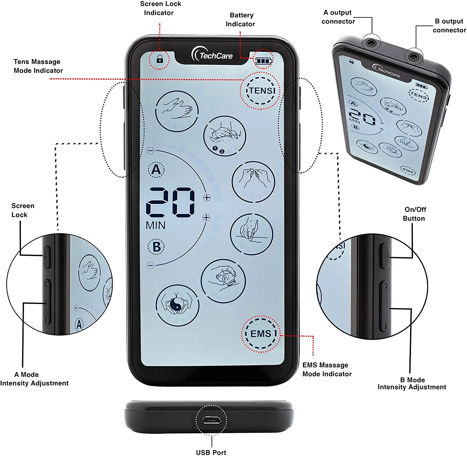 Techcare Touch X Tens Unit Muscle Stimulator Combo Set With Massager Belt Attachment