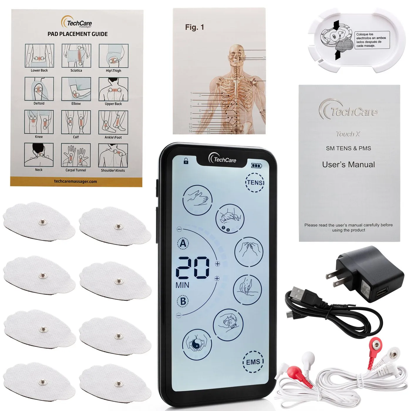 Techcare Touch X Tens Unit Muscle Stimulator Combo Set With Massager Belt Attachment