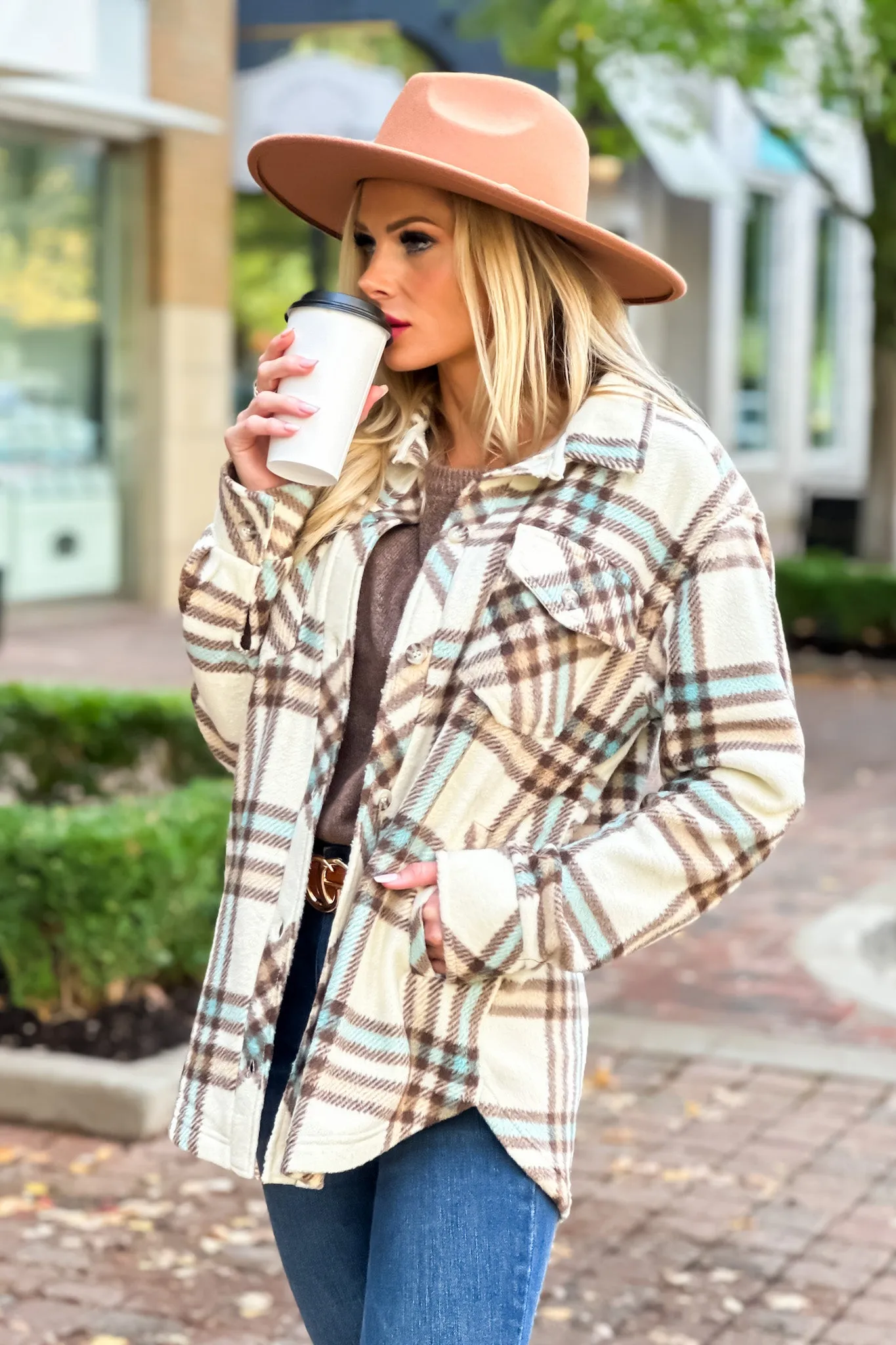 Tullis Plaid Blanket Shacket : Brown/Teal/Cream