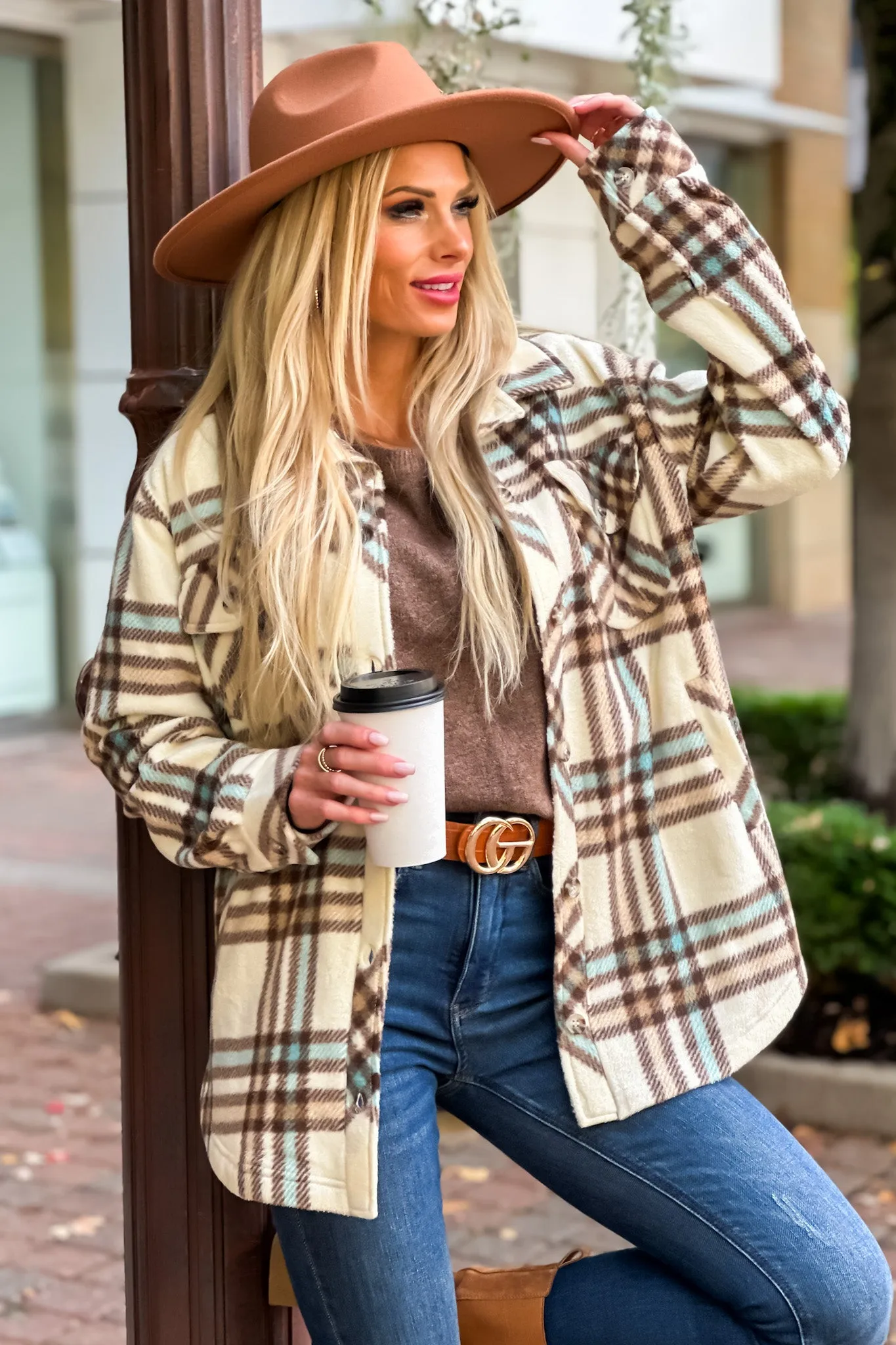 Tullis Plaid Blanket Shacket : Brown/Teal/Cream