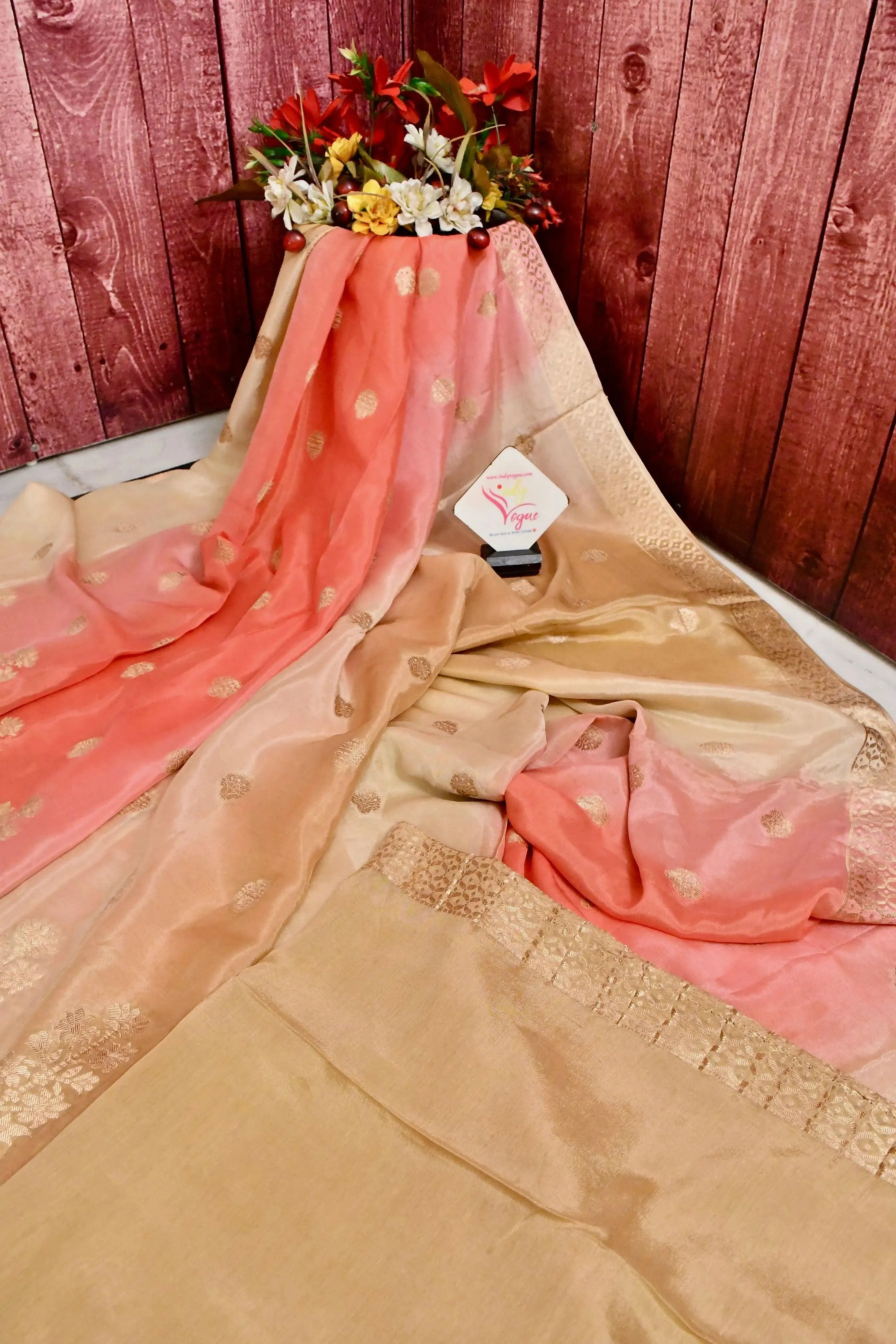 Tussar and Peach Color Chanderi Saree with Zari Work