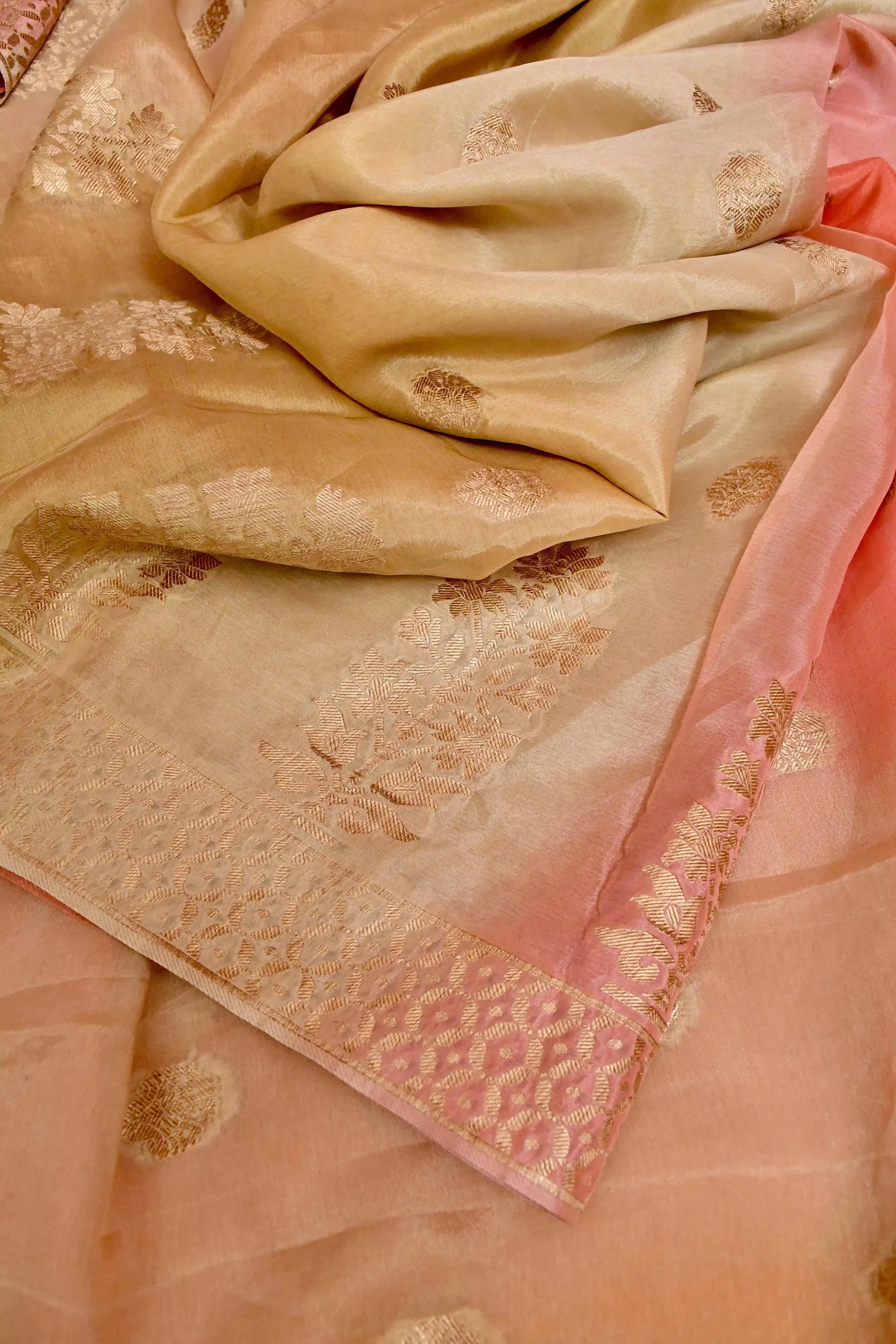 Tussar and Peach Color Chanderi Saree with Zari Work