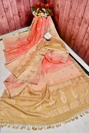 Tussar and Peach Color Chanderi Saree with Zari Work