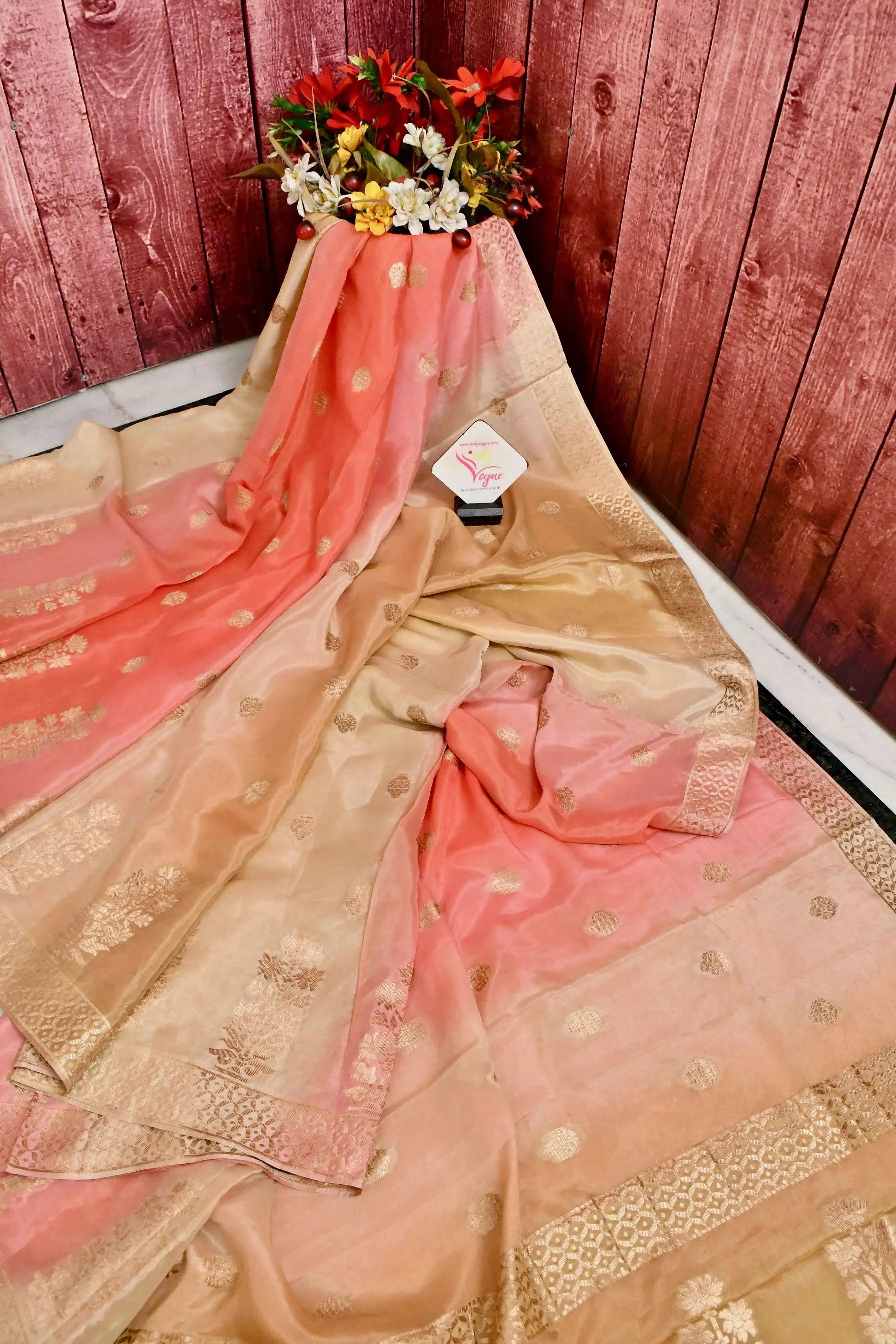 Tussar and Peach Color Chanderi Saree with Zari Work