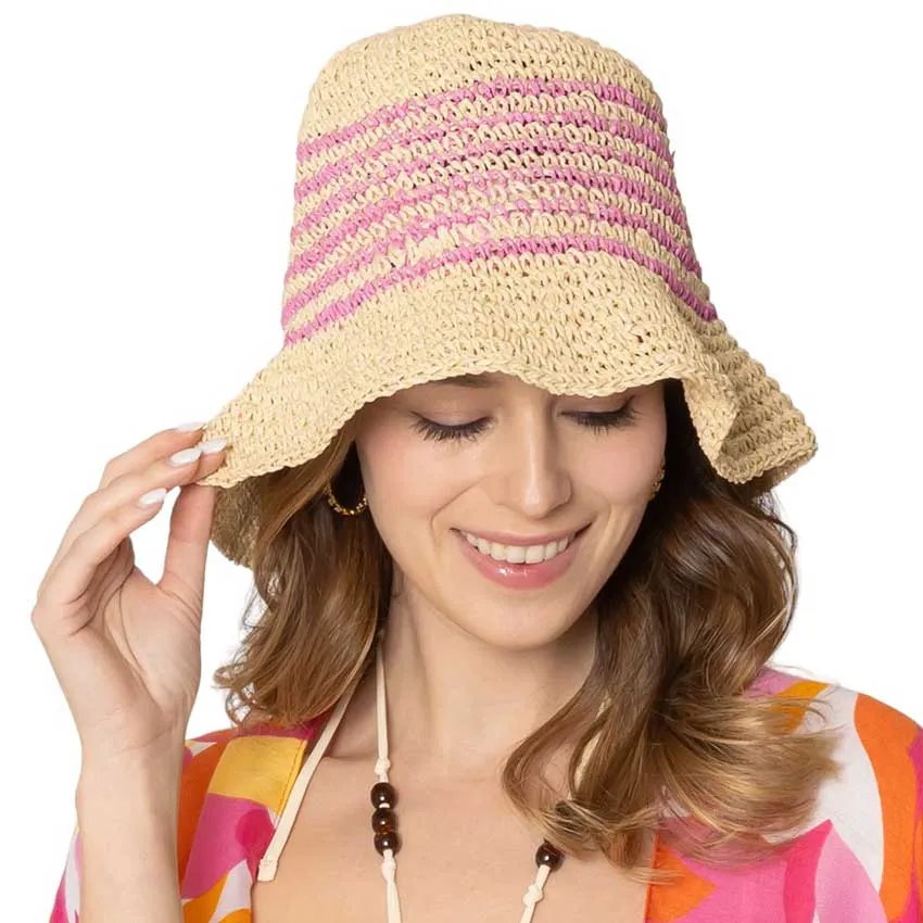 Two Tone Stripe Straw Bucket Hat