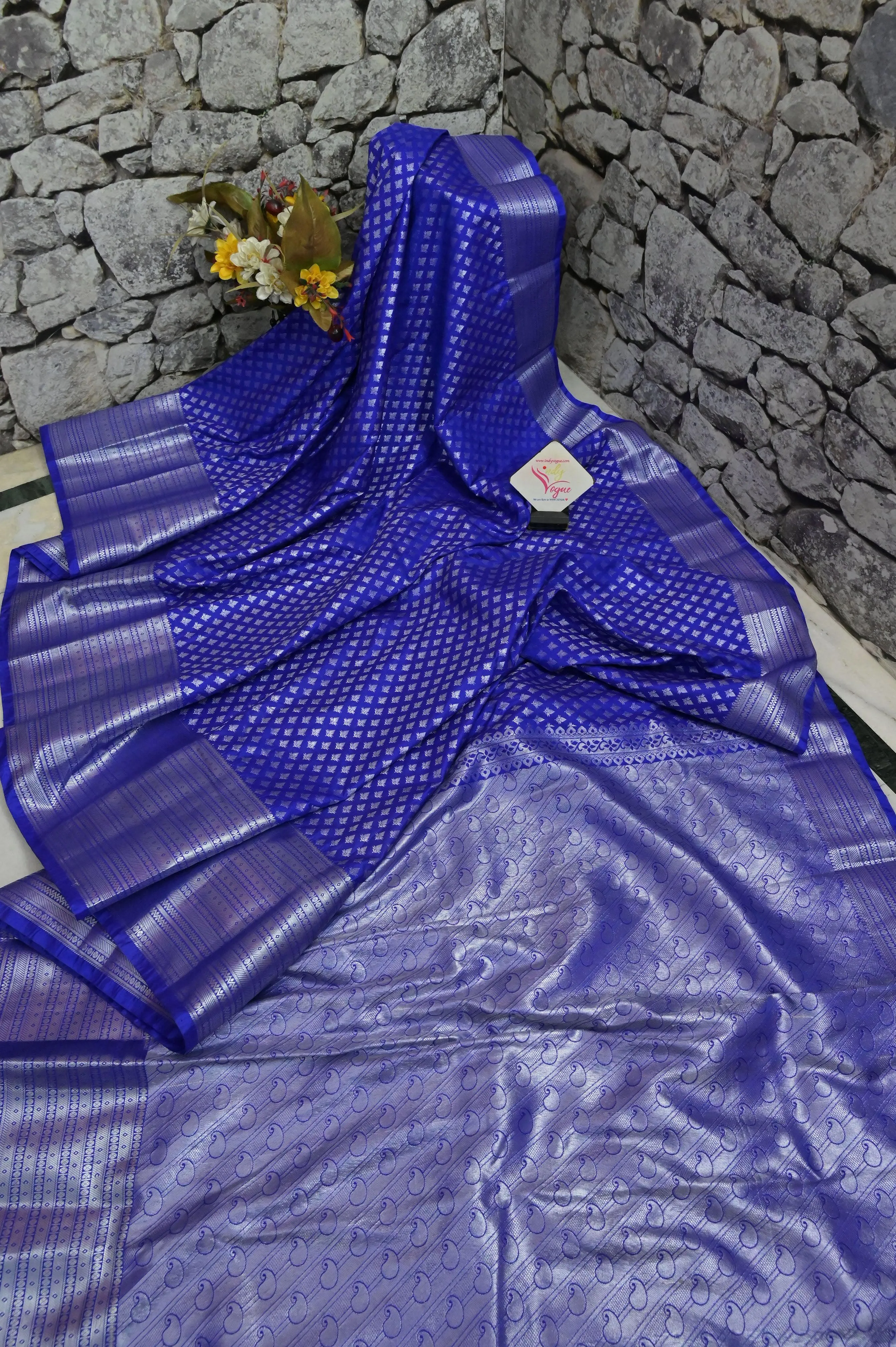 Ultramarine Blue Color South Silk Saree with Silver Zari Work